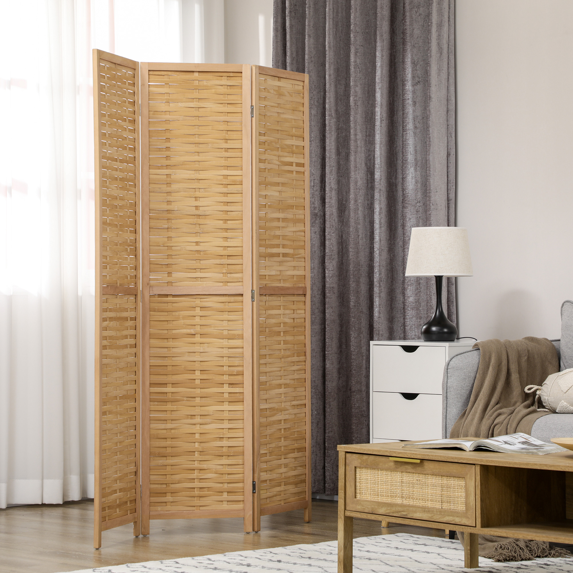 Hand Woven Room Divider, 3 Panel Bamboo Folding Privacy Screen for Home Office, 47.25"x67"x0.75", Natural