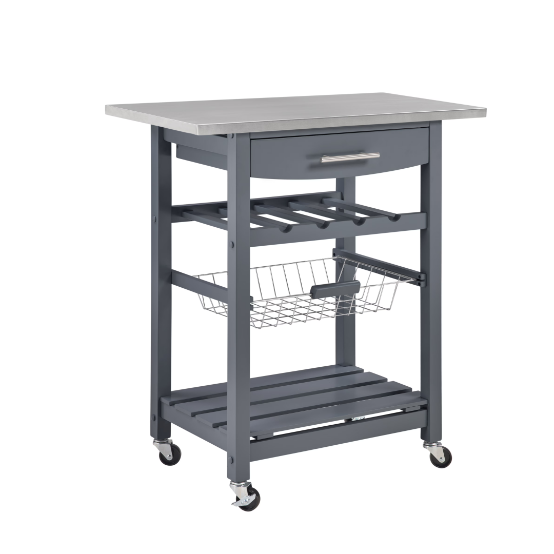 Carrito de cocina con ruedas, cajón y cesta de almacenamiento extraíble.
