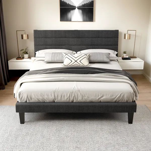 Base de cama plataforma tapizada Queen, gris oscuro, con cabecero de rayas