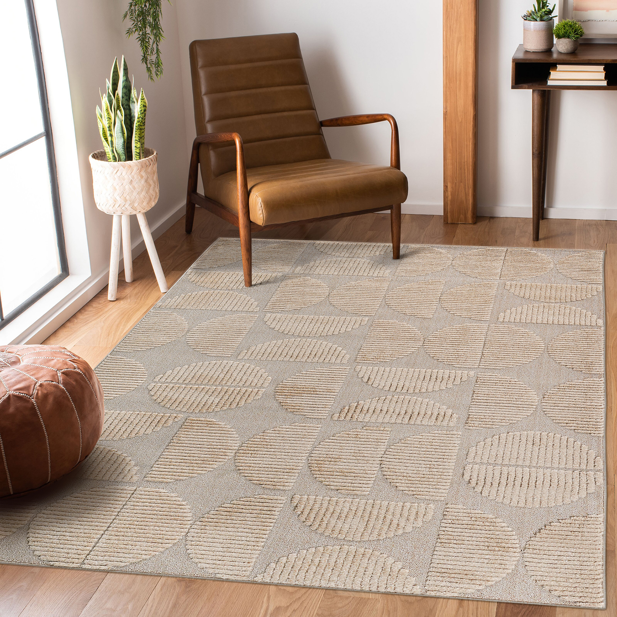 Step Collection High-Low Beige Indoor Area Rug, 7'9''x10', Modern, Contemporary, Geometric, Bohemian, Bedroom, Kitchen, Living Room, Non Shedding Carpet