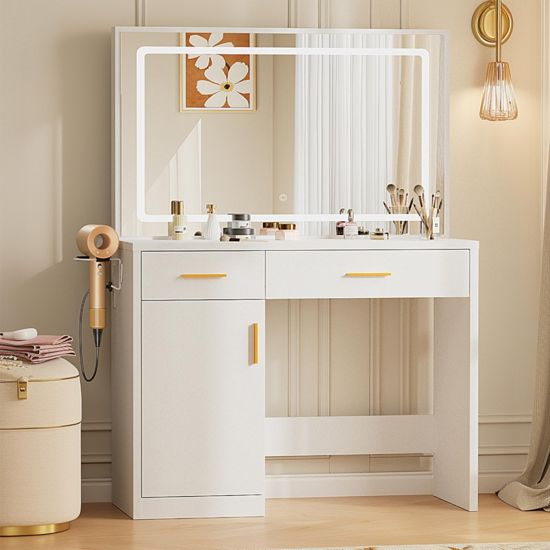 Mirror And Lights, Makeup Vanity Table With Charging Station , 2 Drawers & Large Cabinet, 3 Lighting Color Adjustable, Dressing Table
