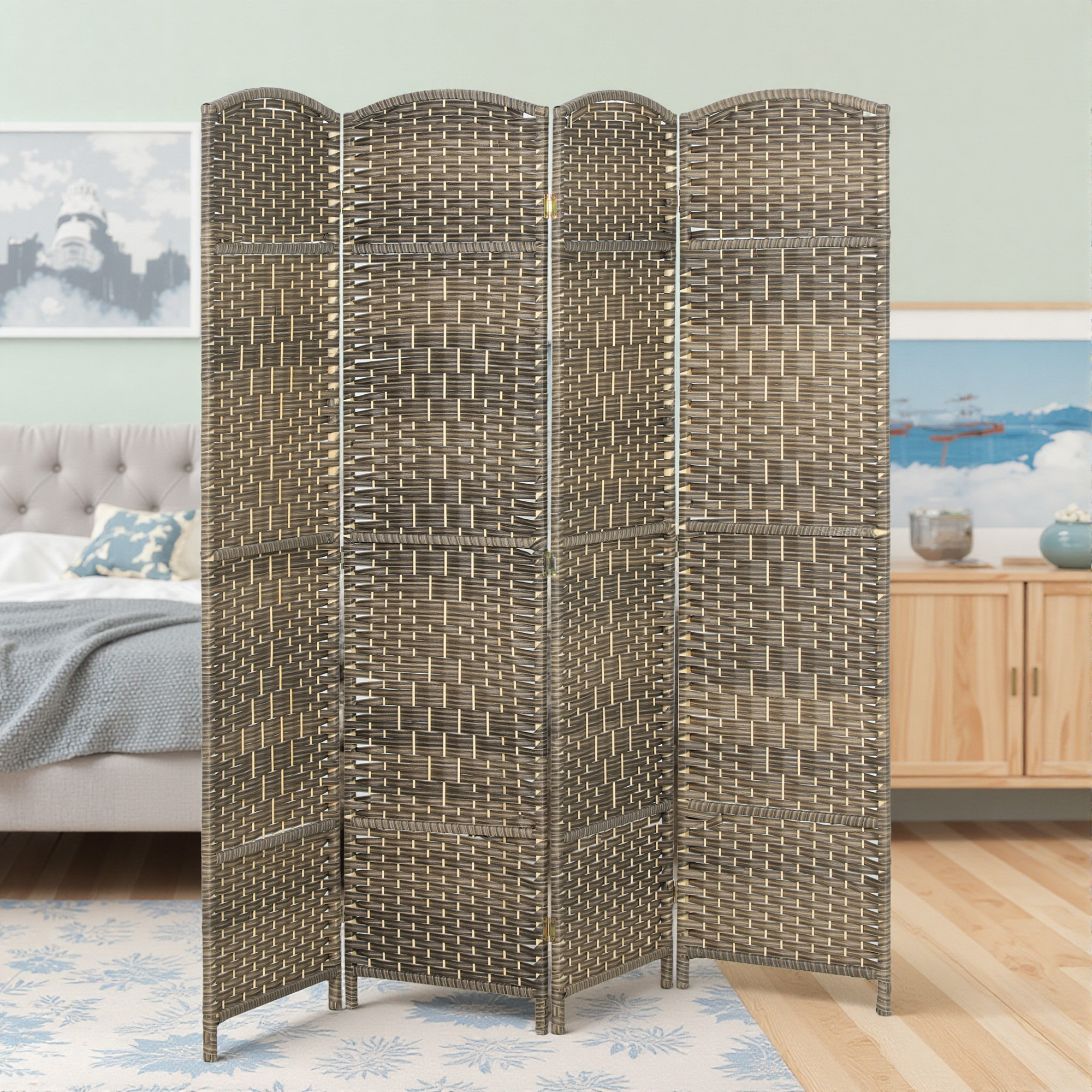 Folding Room Divider Screen 4 Panel 6 Tall Privacy Screen Freestanding Wood Partition for Home Office, Dark Rustic Oak