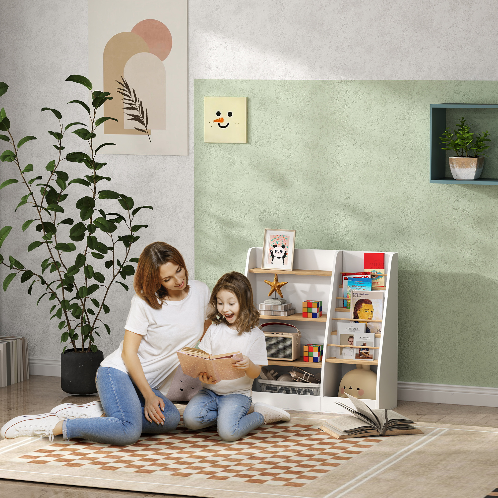 Estantería para niños de 4 niveles, organizador de juguetes con revistero, blanca