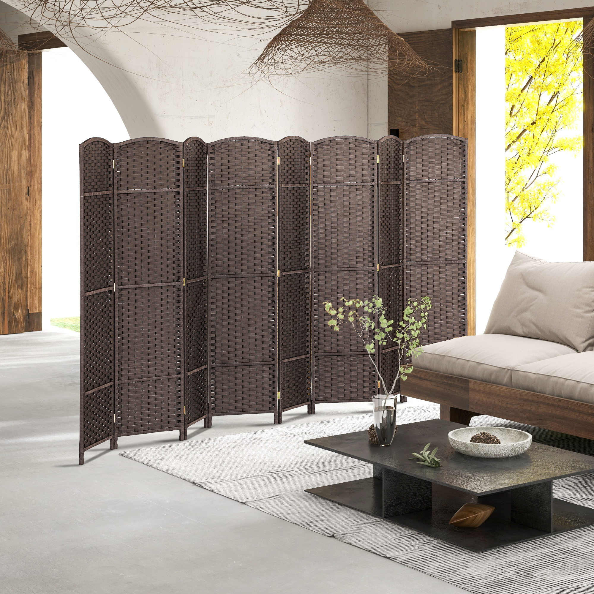 Folding Room Divider Screen 8 Panel 5.6 ' Tall Privacy Screen Freestanding Room Partition for Home Office, Brown