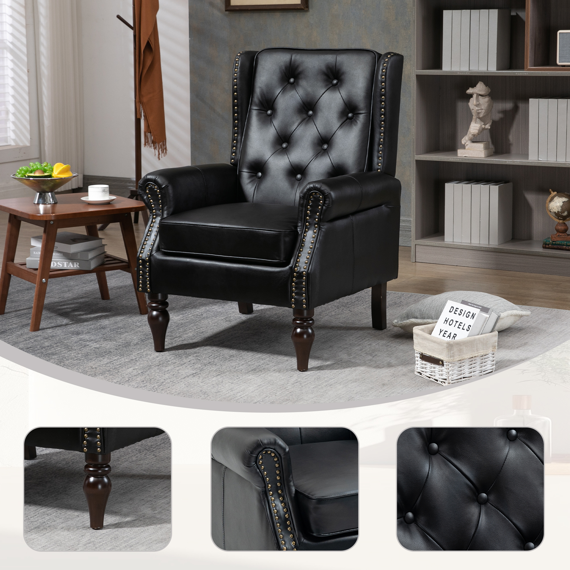 Wood Frame Armchair, Modern Accent Chair Lounge Chair With Sturdy Wood Legs For Living Room Bedroom  Black PU