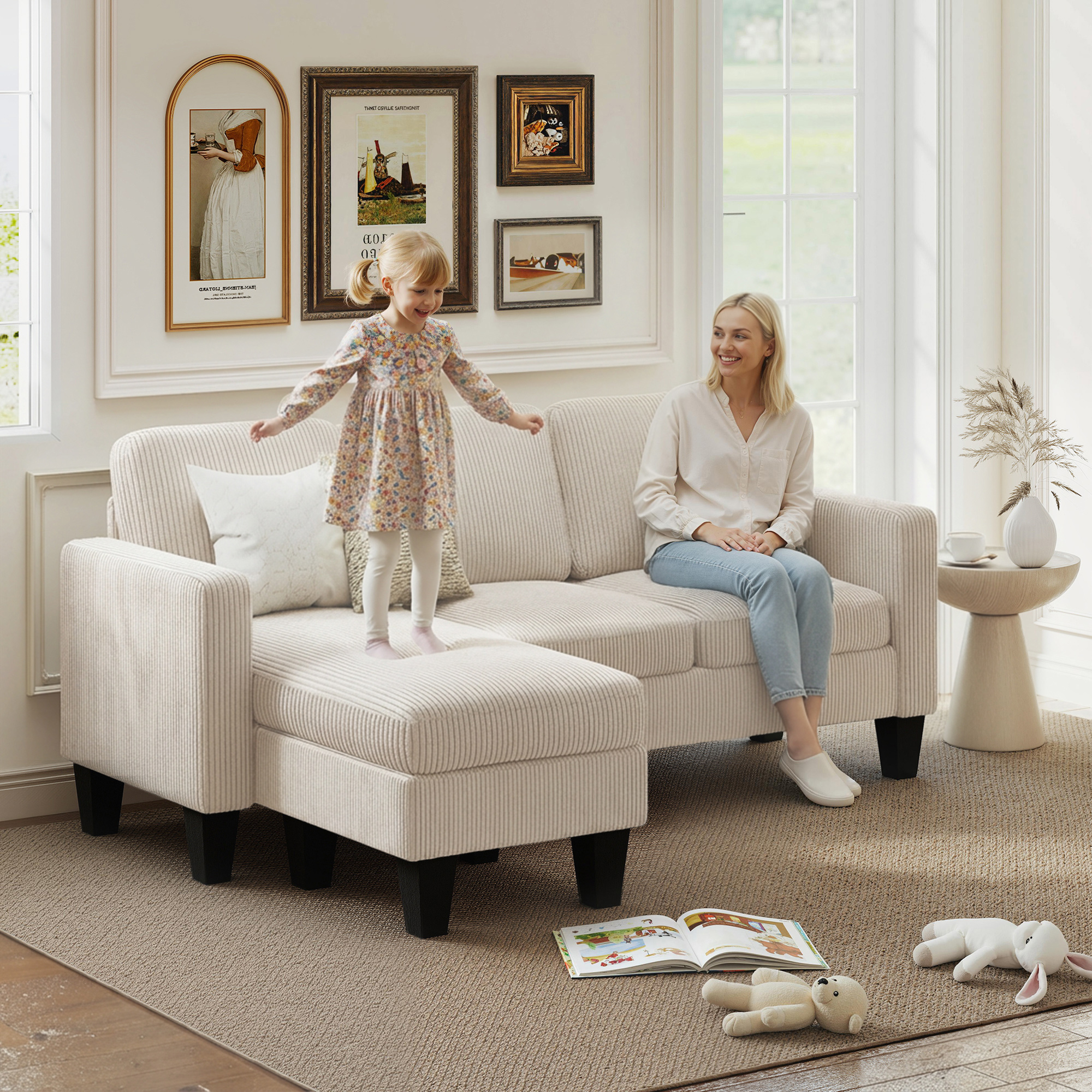 Sectional Sofa, L Shaped Couch, with Reversible Chaise or Ottoman, Cream White