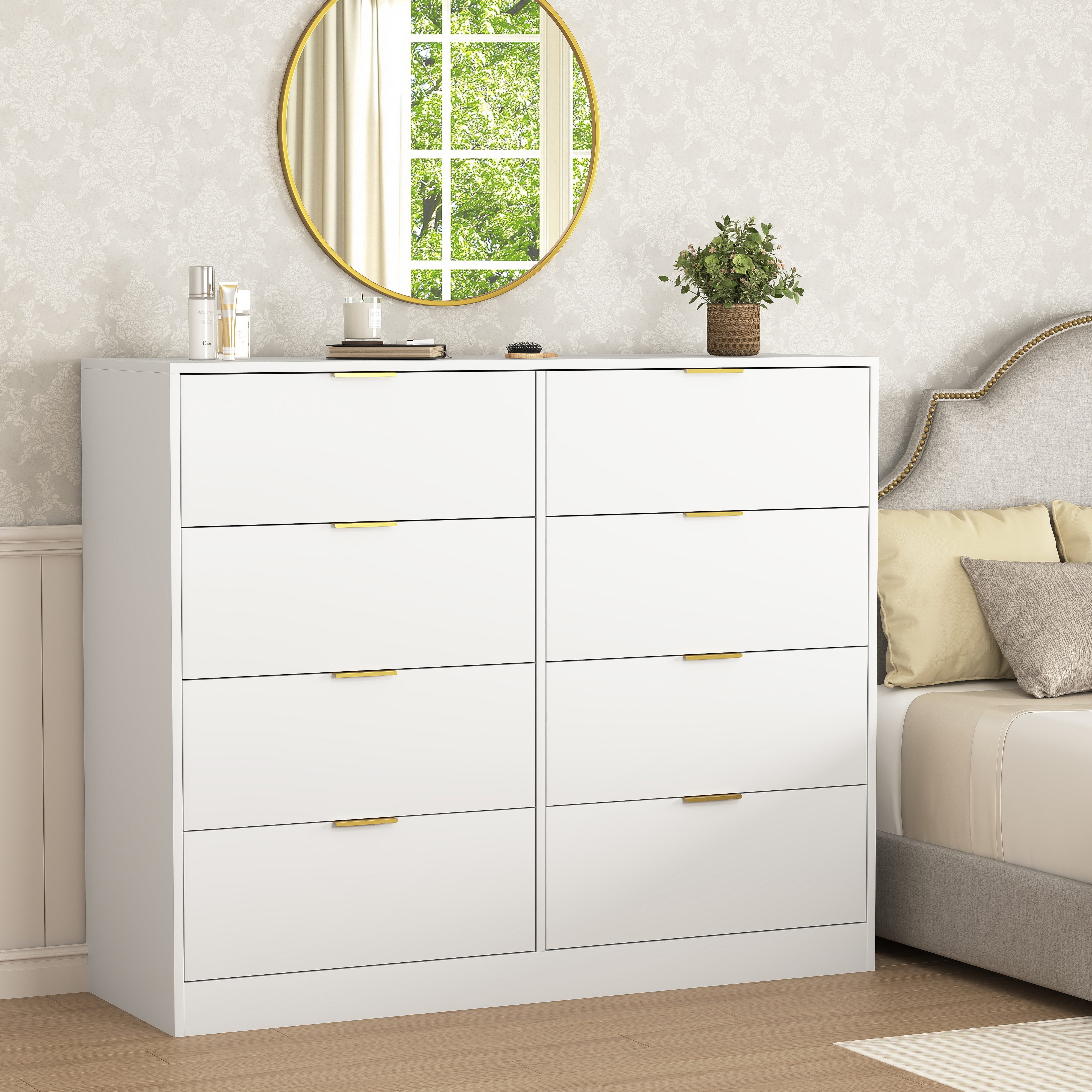 8 Drawers Dresser For Bedroom, Wood Bedroom Dresser Modern Drawer Chest, 8 Chest Of Drawer, Tall Dresser For Closet, Dressers Organizer For Living Room, Closet, Hallway White