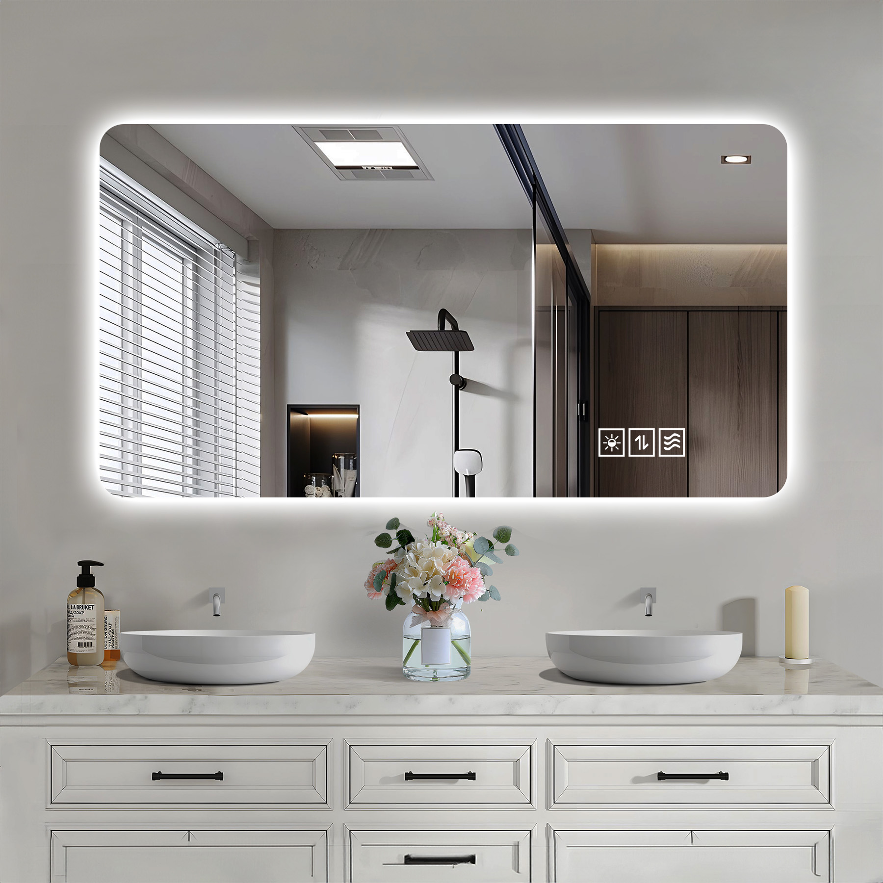 Espejo de baño LED de 24 x 48 pulgadas, montaje en pared, antivaho, táctil