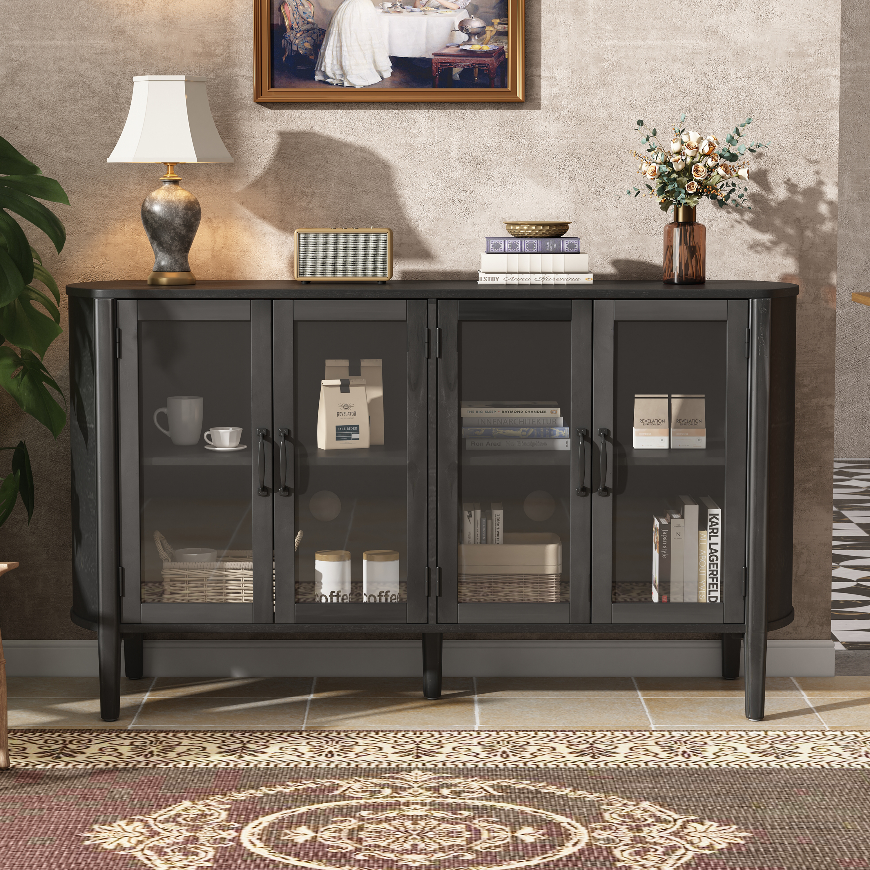 Storage Cabinet In The Entrance To The Living And Dining Room, Large Size, 34 Doors, Stylish Style, Black