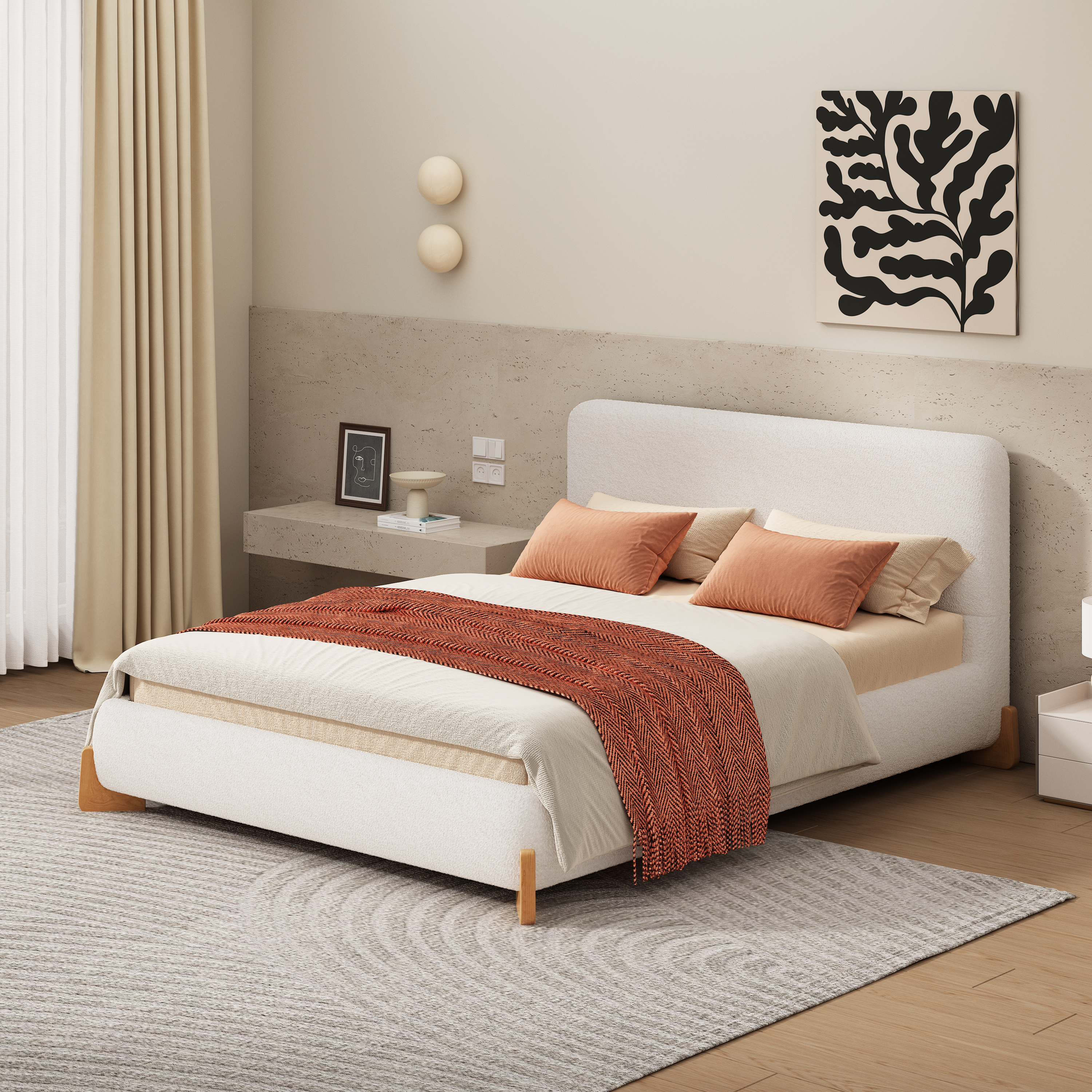 Elegant Boucle Upholstered Bed, A Luxurious And Comfortable Bedroom Centerpiece, Queen Size, White