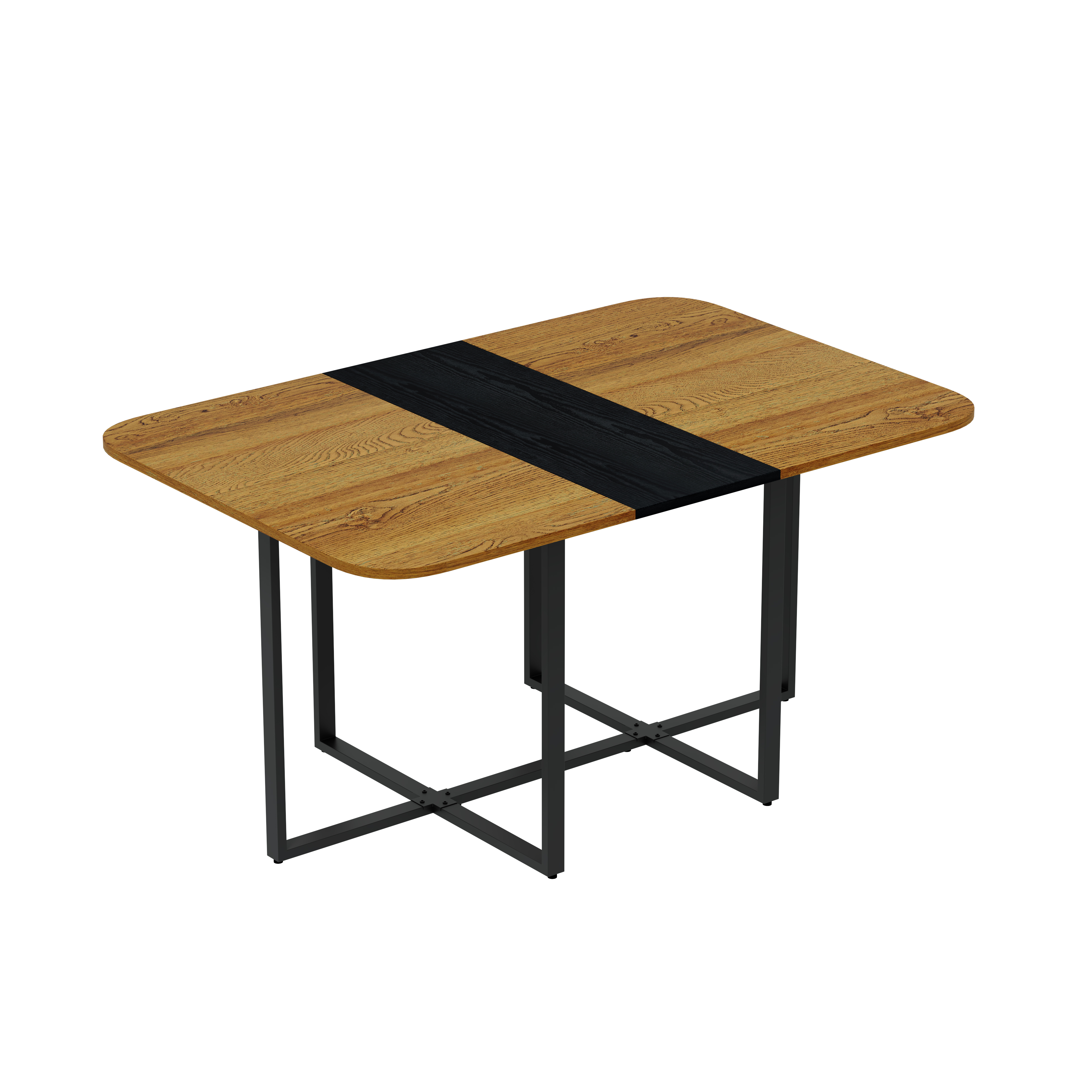 Mesa moderna de doble textura con MDF, patrón mármol/madera, marco de metal negro.