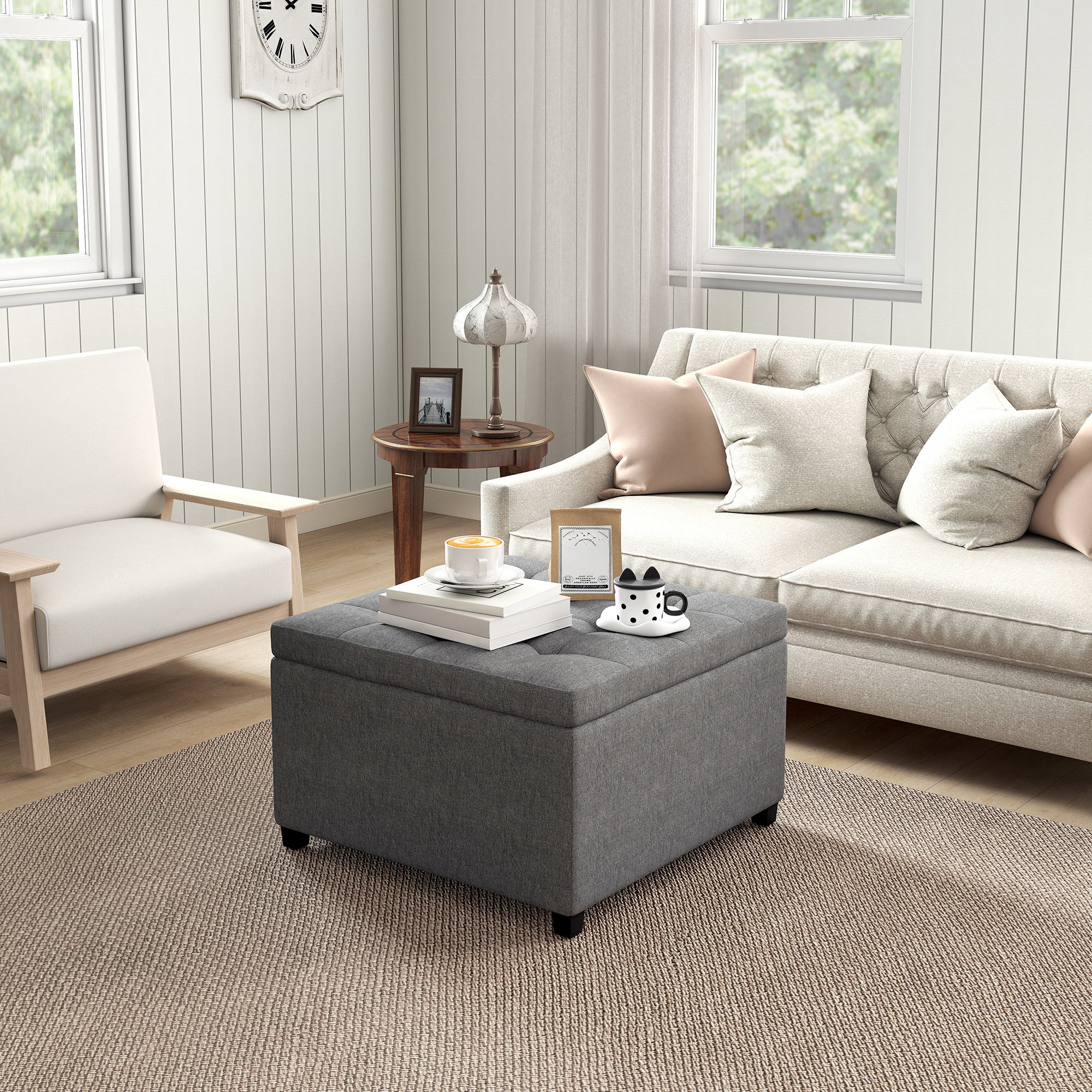 Round Storage Ottoman Bench, Button Tufted Ottoman with Flip Top for Living Room, Entryway and Bedroom, Gray