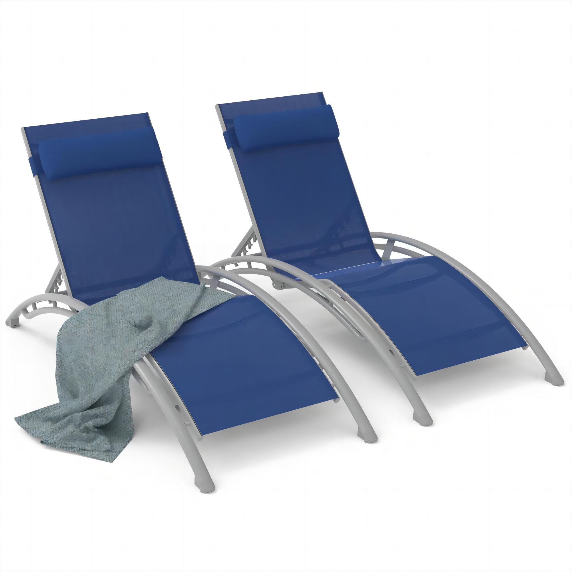 Outdoor Chaise Lounge Set Of 2 Patio Recliner Chairs With Adjustable Backrest And Removable Pillow For Indoor&Outdoor Beach Pool Sunbathing Lawn  Blue,2 Lounge Chair