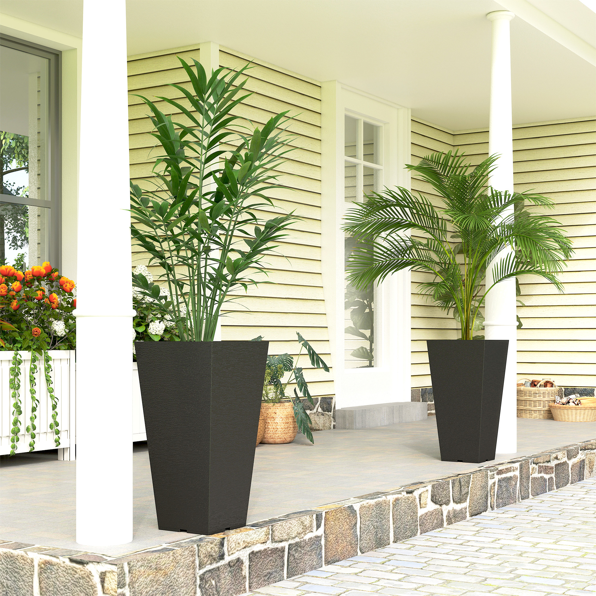 Set de 2 macetas altas de plástico para exteriores, 23 pulgadas, para patio, negras.