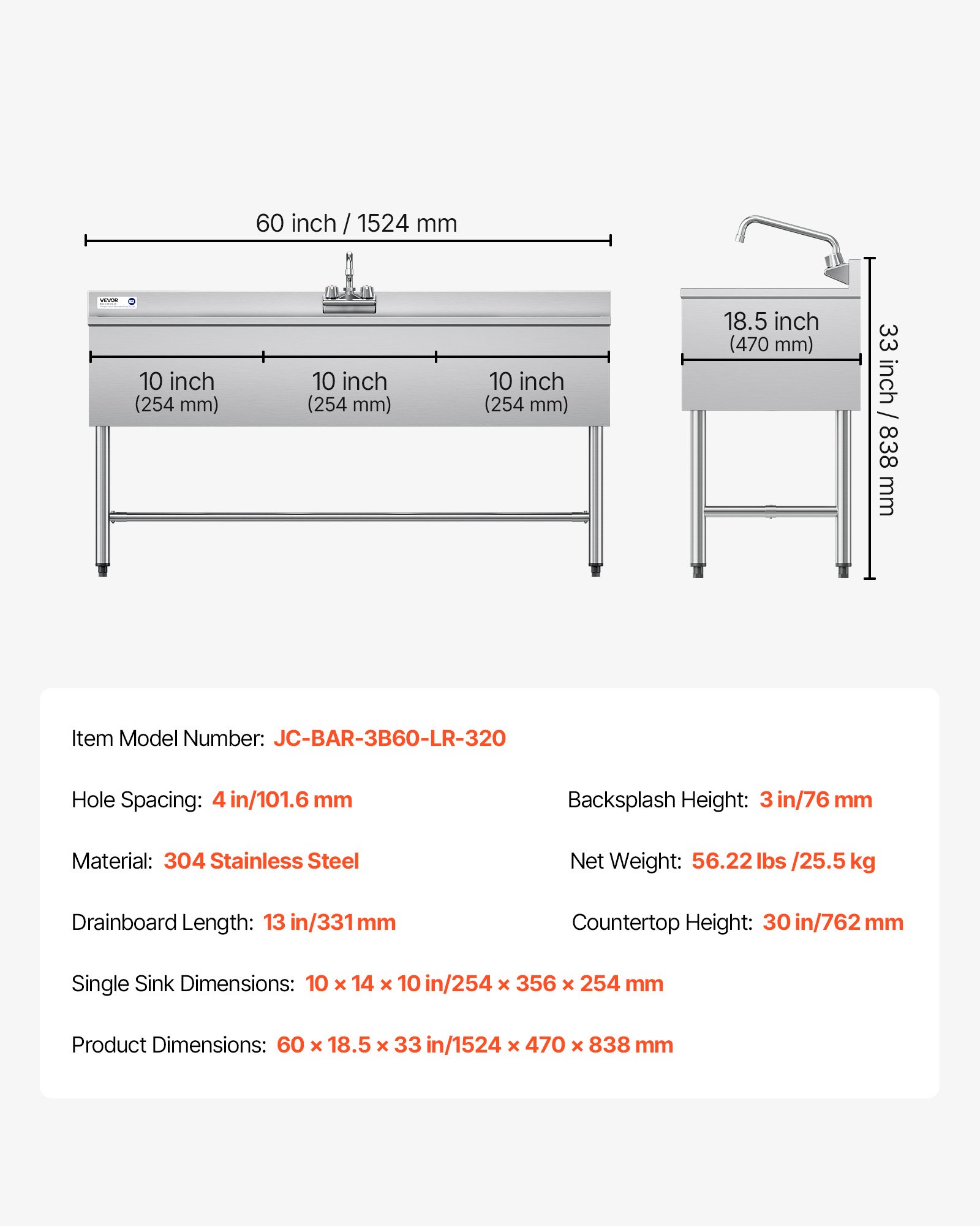3 Compartment Sink, 18-Gauge 304 Stainless Steel, 10" X 14" X 10" Bowl Size, 3 Bay Commercial Under Bar Sink With Double Drainboard And Backsplash For Kitchen, Restaurant, Food Truck & Home Use