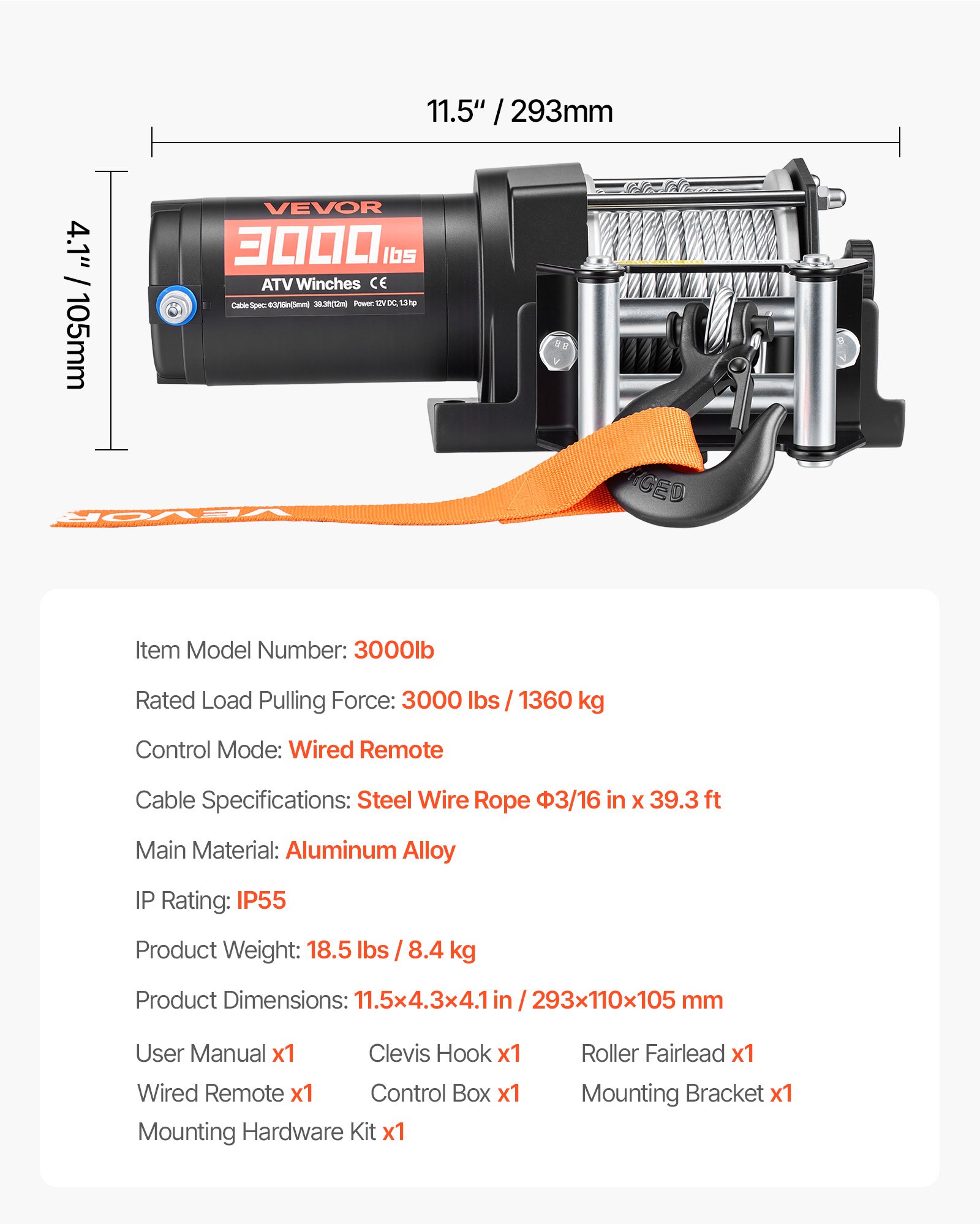 3000 Lbs Electric Winch, 12V DC ATV/UTV Winch With Φ3/16 In X 39.4 Ft Steel Wire Rope & Wired Remote Control, IP55 Waterproof, Aluminum Housing Fairlead Mount Plate For Towing ATV, Black