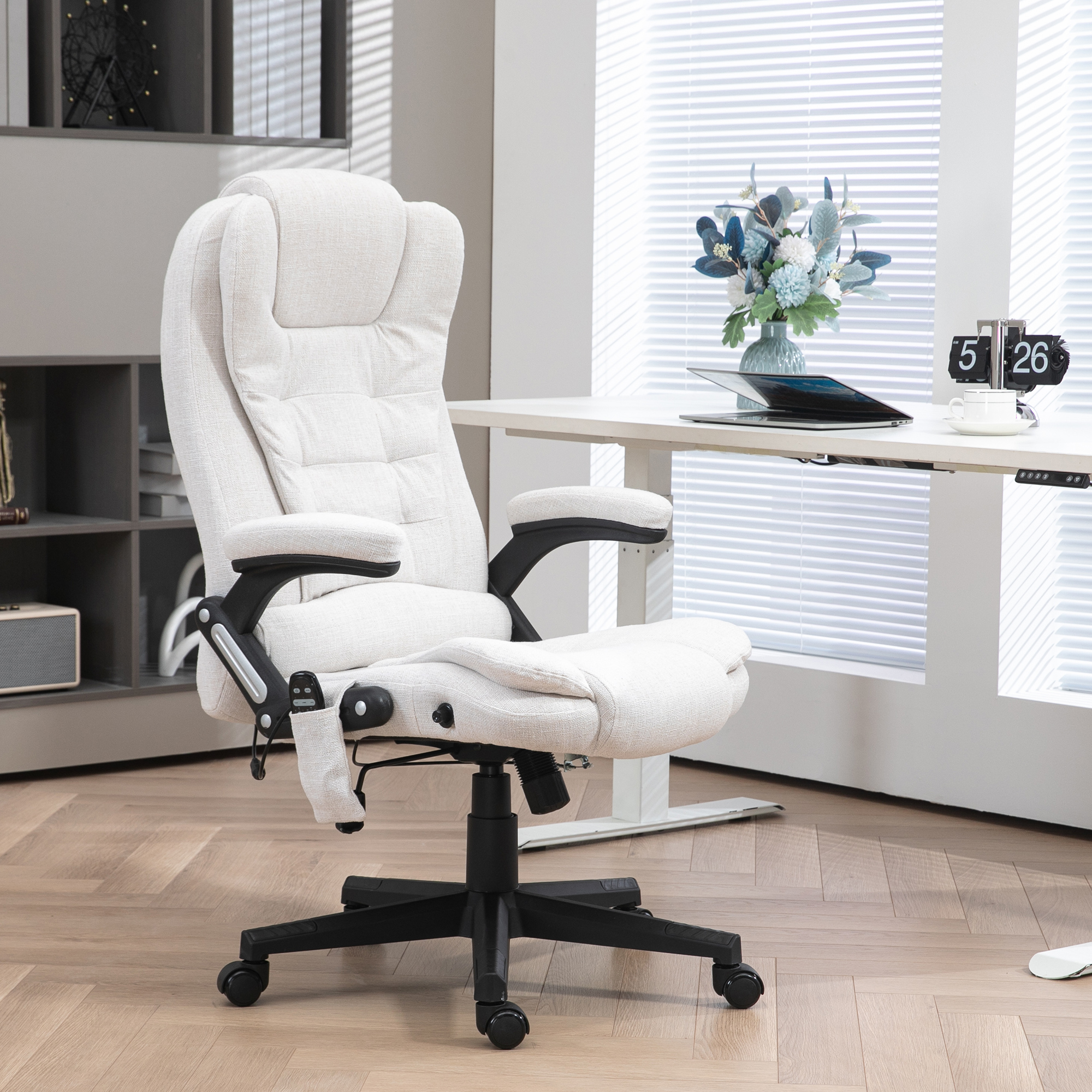 Silla de oficina de masaje con 6 puntos de vibración, calor y respaldo reclinable, blanca