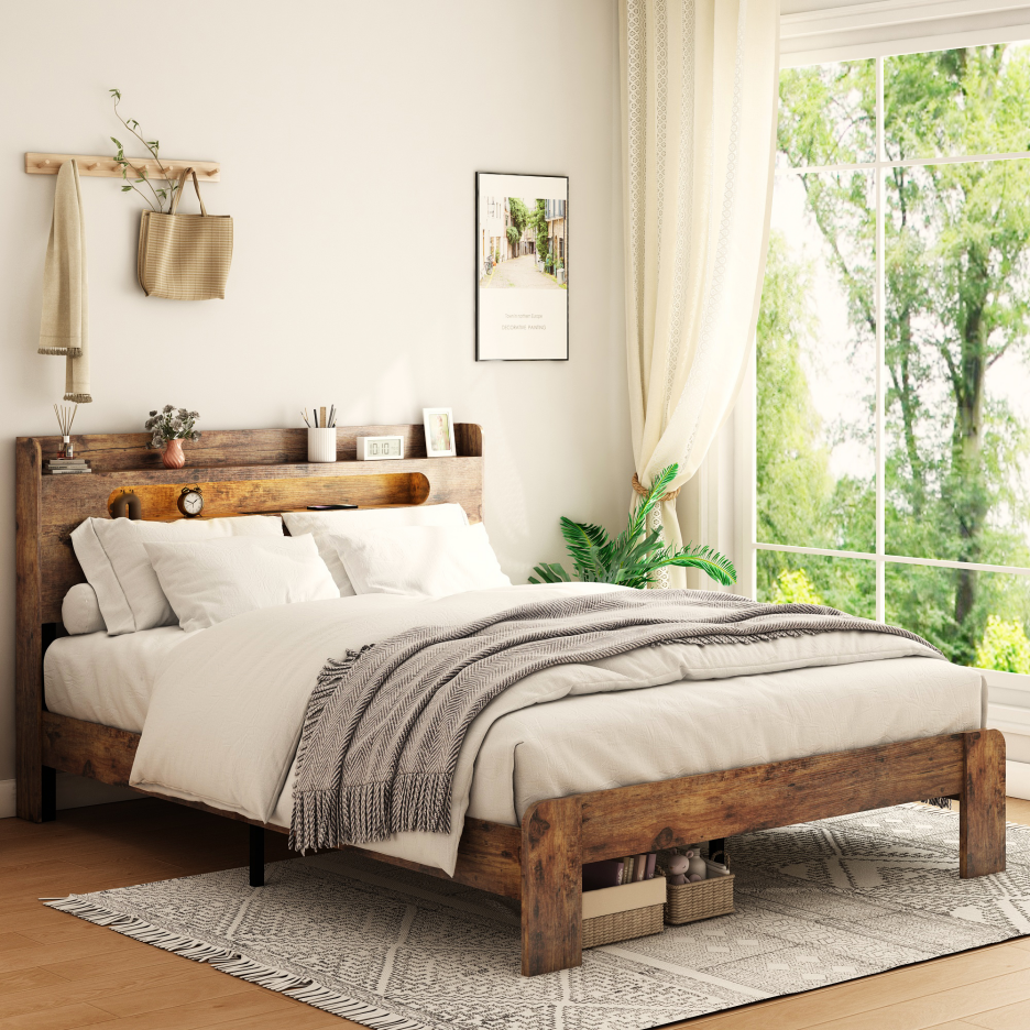 Base de Cama Full de Madera con Cabecero LED, 2 USB y Almacenamiento, Marrón Oscuro