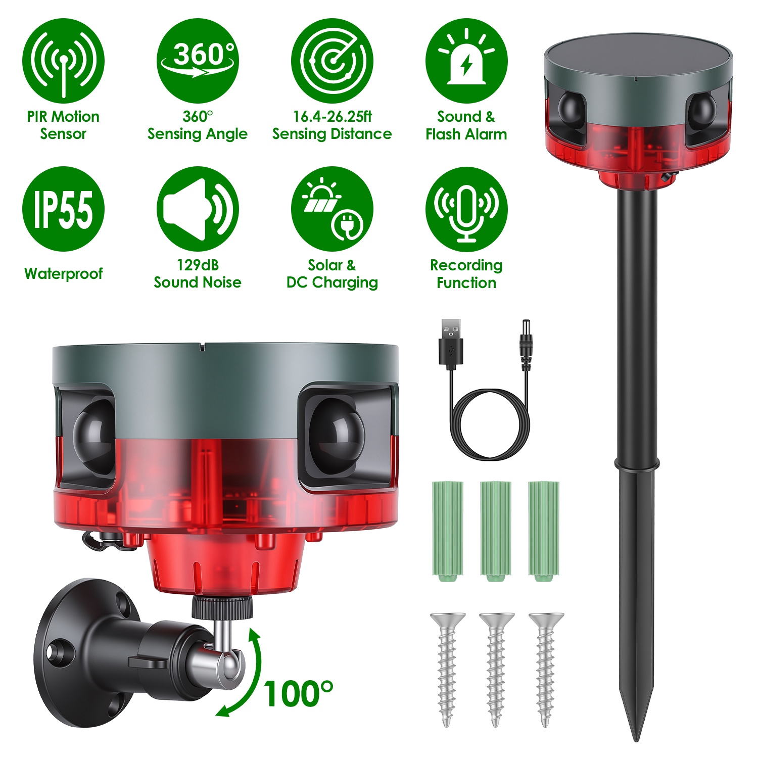 Solar Motion Sensor Alarm Outdoor 129dB With 13 Sounds & Custom Recording, PIR Motion Detector With Flashing LED Light, Solar & USB Rechargeable Animal Deterrent For Farm Yard Garden Garage