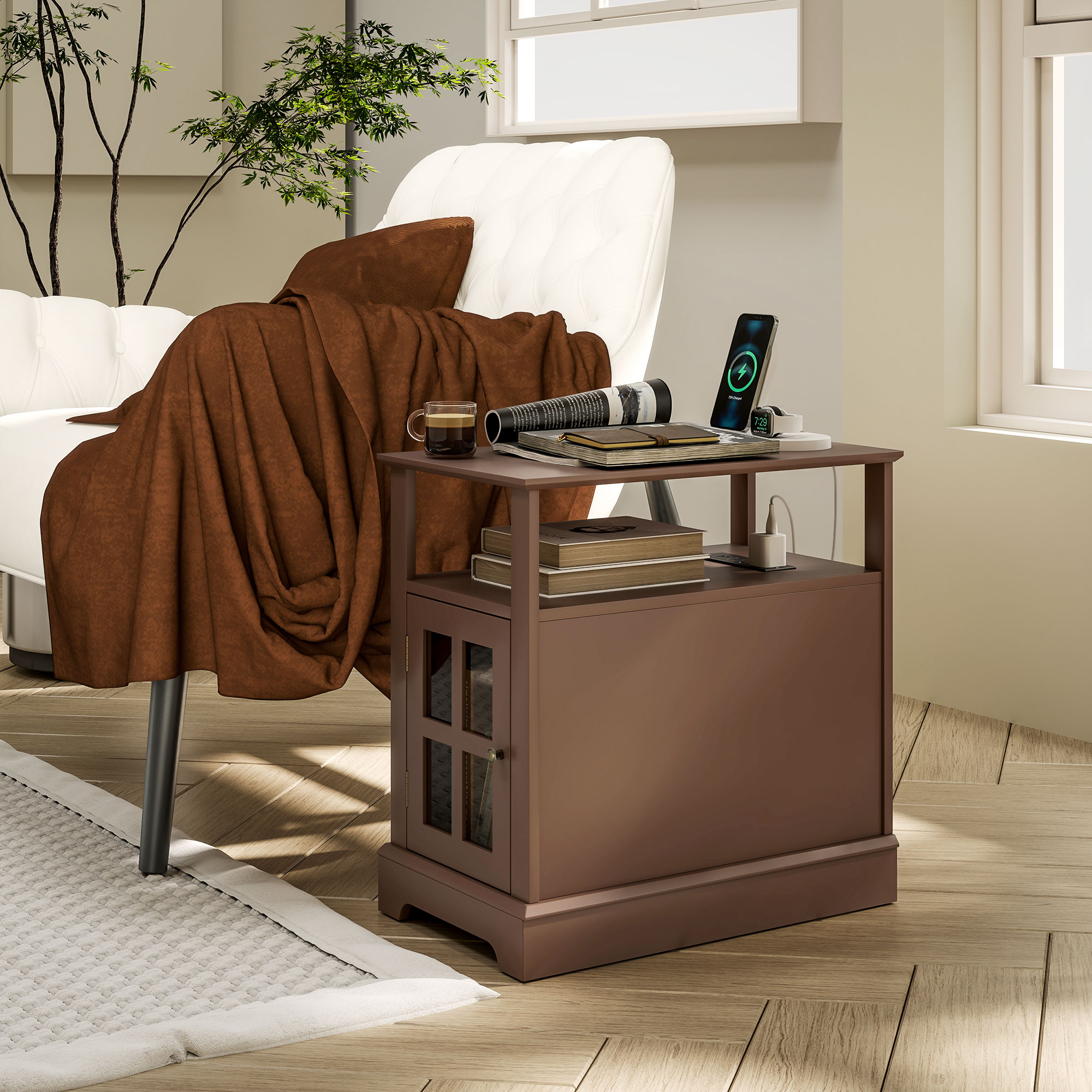 Narrow Side Table End Table with Charging Station, USB Ports, Modern End Table with Storage for Living Room, Brown