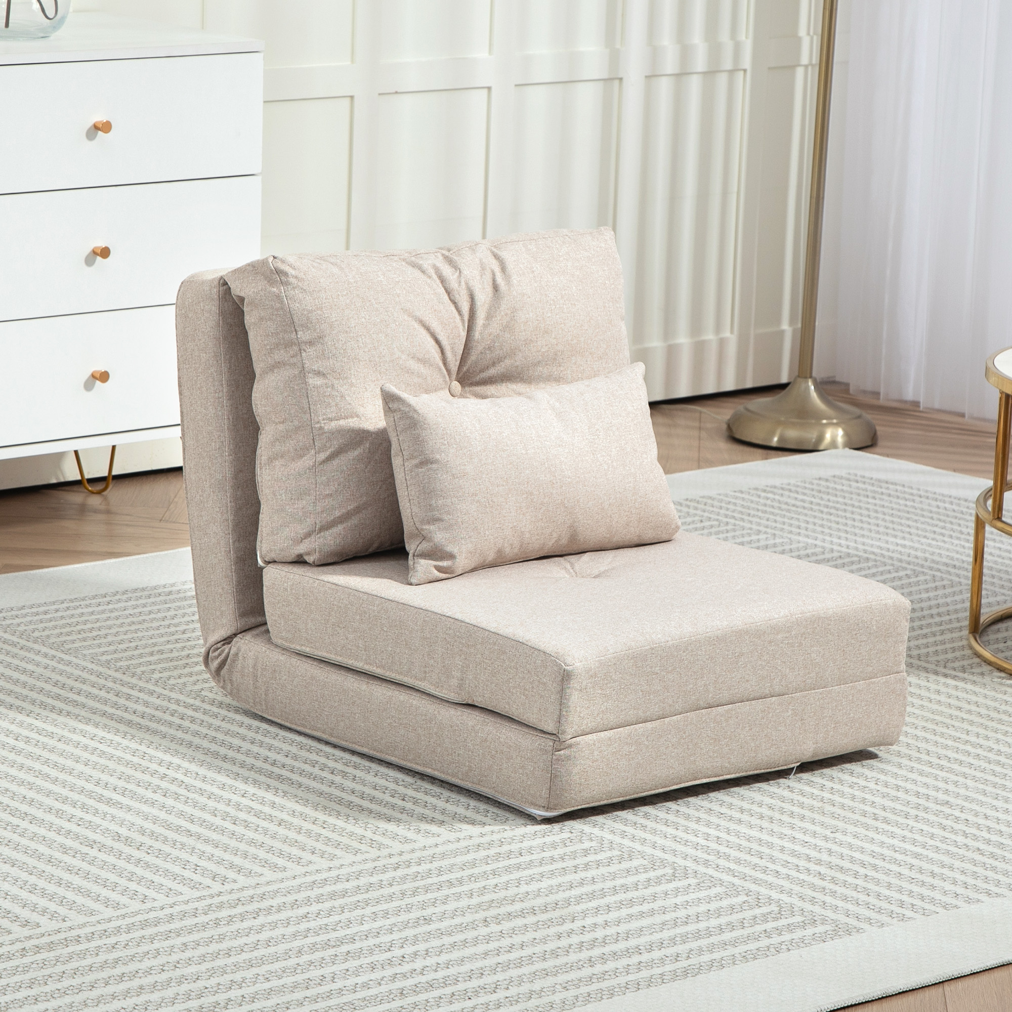 Silla de suelo convertible en sofá cama, plegable, tapizada, respaldo ajustable, beige