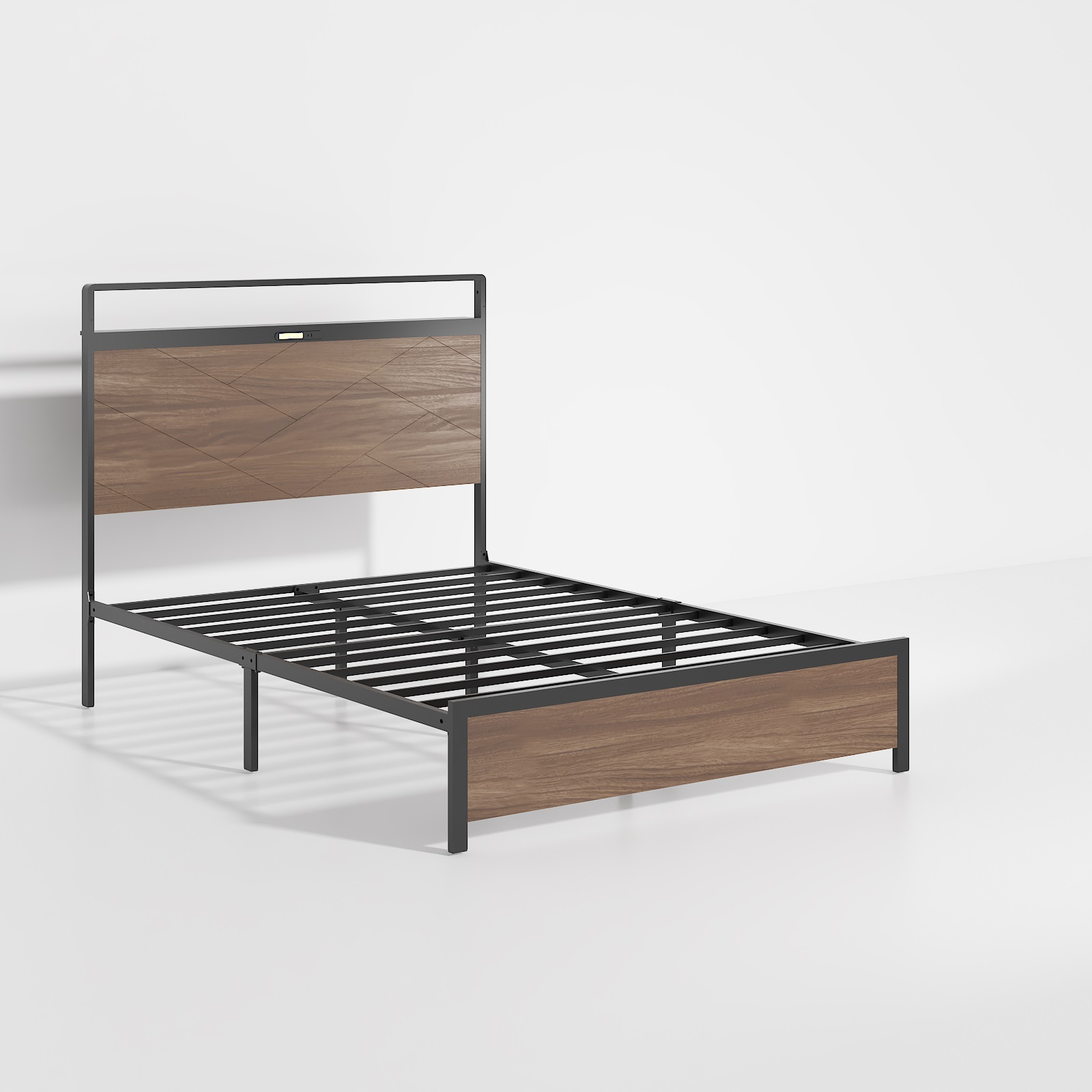 Full Wood Bed Frame With LED Headboard, 2 USB & Underbed Storage, Antique Gray