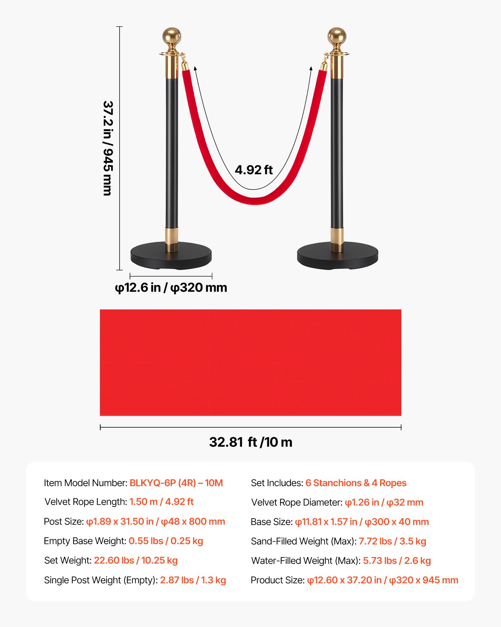 Stanchion Post, 6 Pcs Crowd Control Barrier Set With Red Carpet, 4 Red Velvet Ropes, Stainless Steel Gold Stanchion Post Queue With Hollow Base For Theater, Party, Wedding, Exhibition (Black)