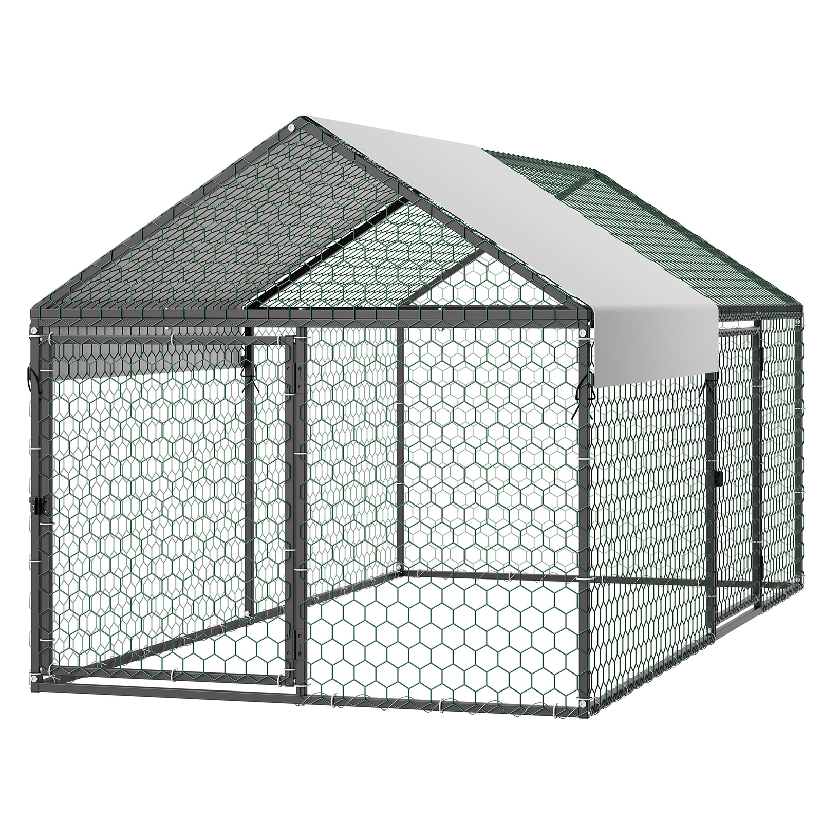 Metal Chicken Coop For 4-6 Chickens, 3.3 X 6.6 X 3.3 Ft, Small Chicken Cage With Waterproof Cover & Double Doors, Spire Roof Poultry Run Compatible With Wooden Coops, For Rabbit Hen Goose Duck