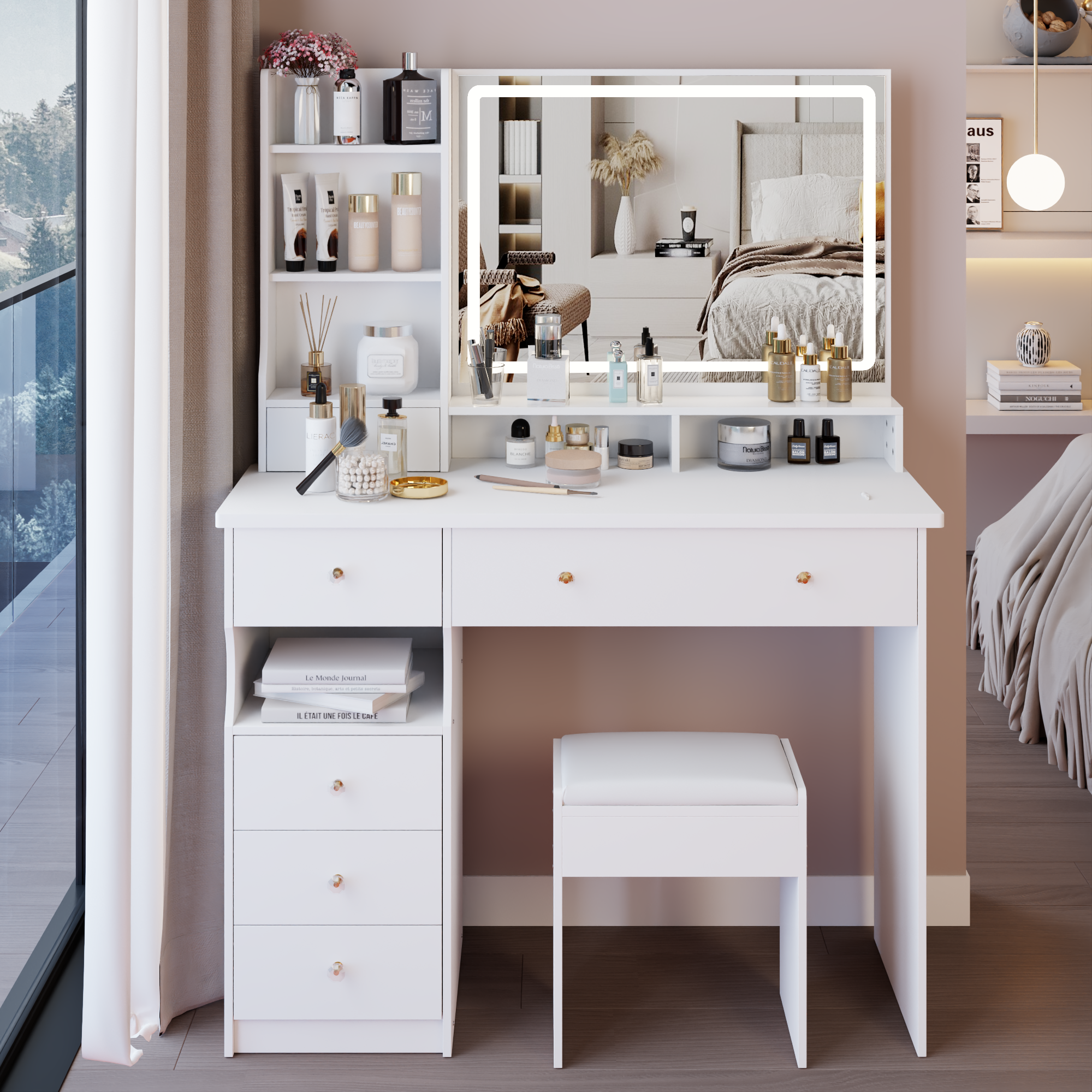 41  Large Sized Desktop Vanity Table   Cushioned Stool, Oversized Desktop, Large Touch Control LED Mirror, 3-color Switch, Multi Layer High Capacity Storage Fashion Dresser, EPA, GCC, UL Certificate