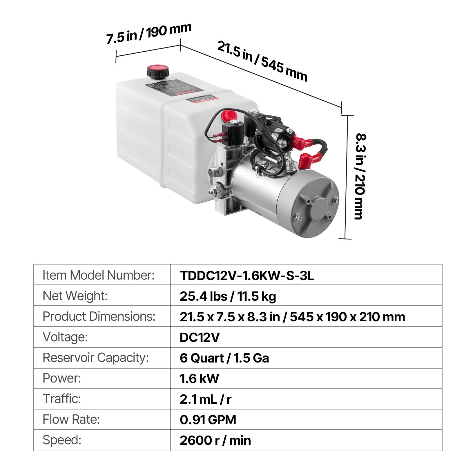 Unidad de potencia hidráulica 6 cuartos, doble acción, 3200 PSI, DC 12V, blanca