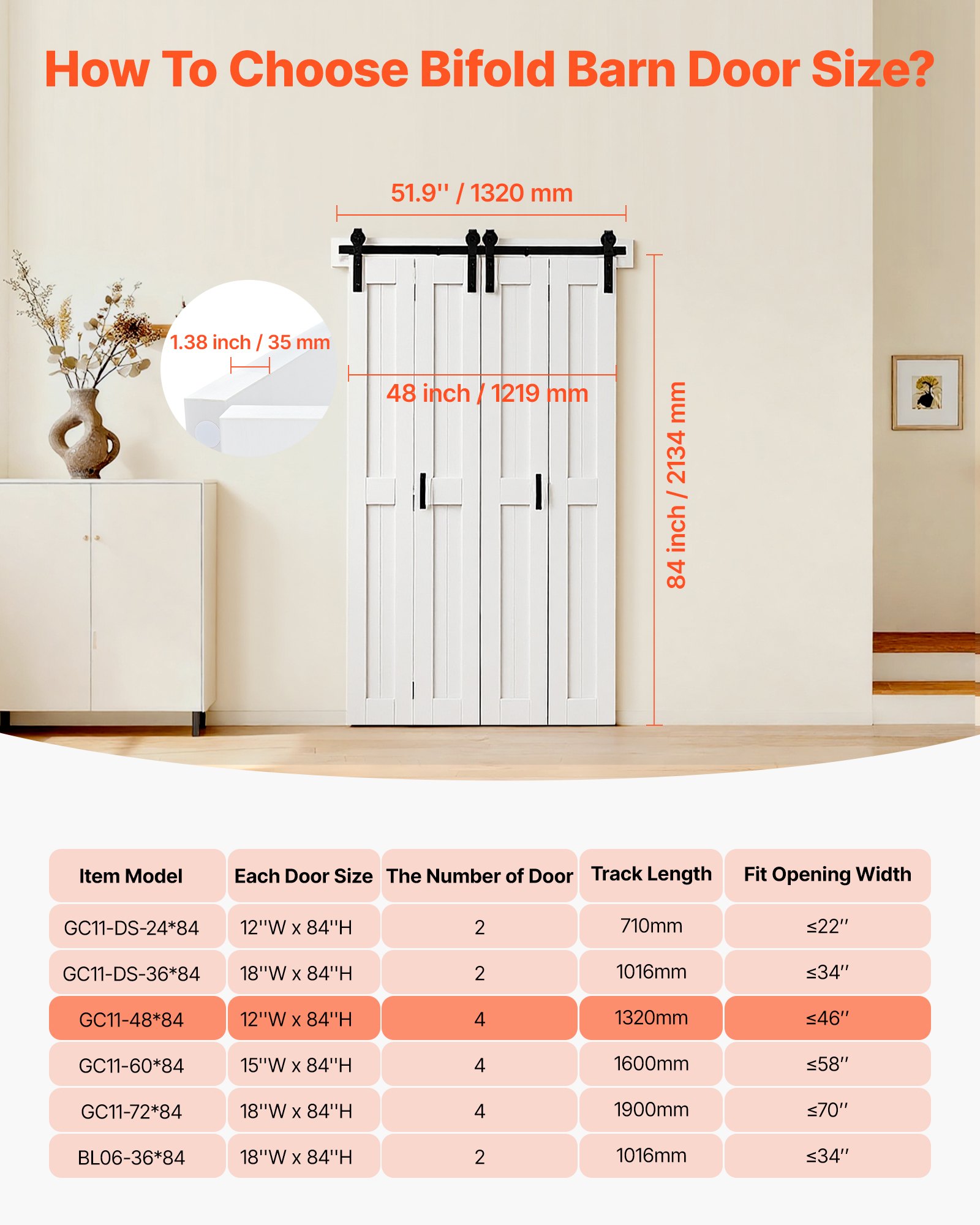 Puerta de granero plegable MDF 48 x 84 pulgadas, corrediza, kit de herrajes incluido, blanca.