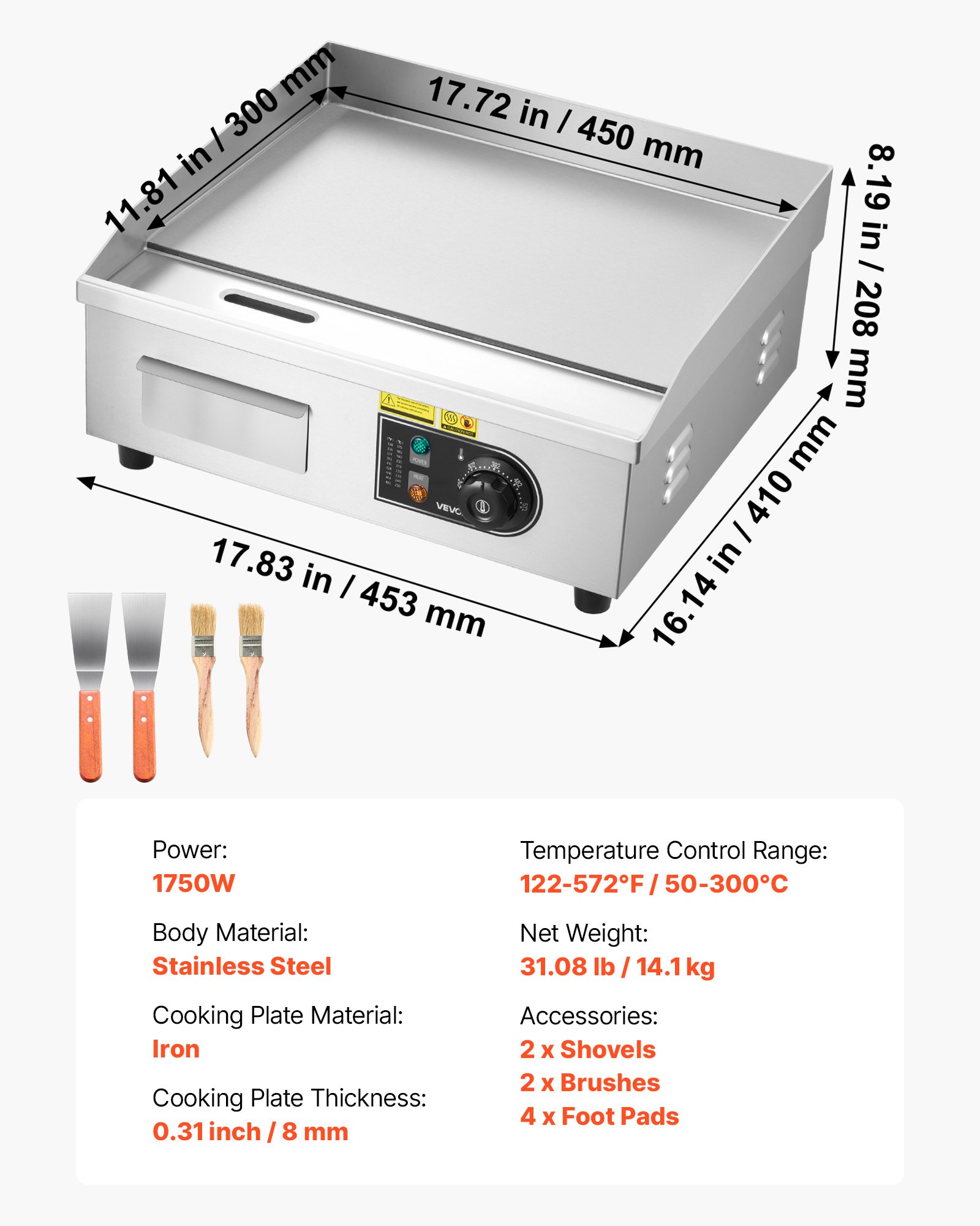 Plancha eléctrica comercial, 17.72 x 11.81 pulgadas, 1750W, acero inoxidable
