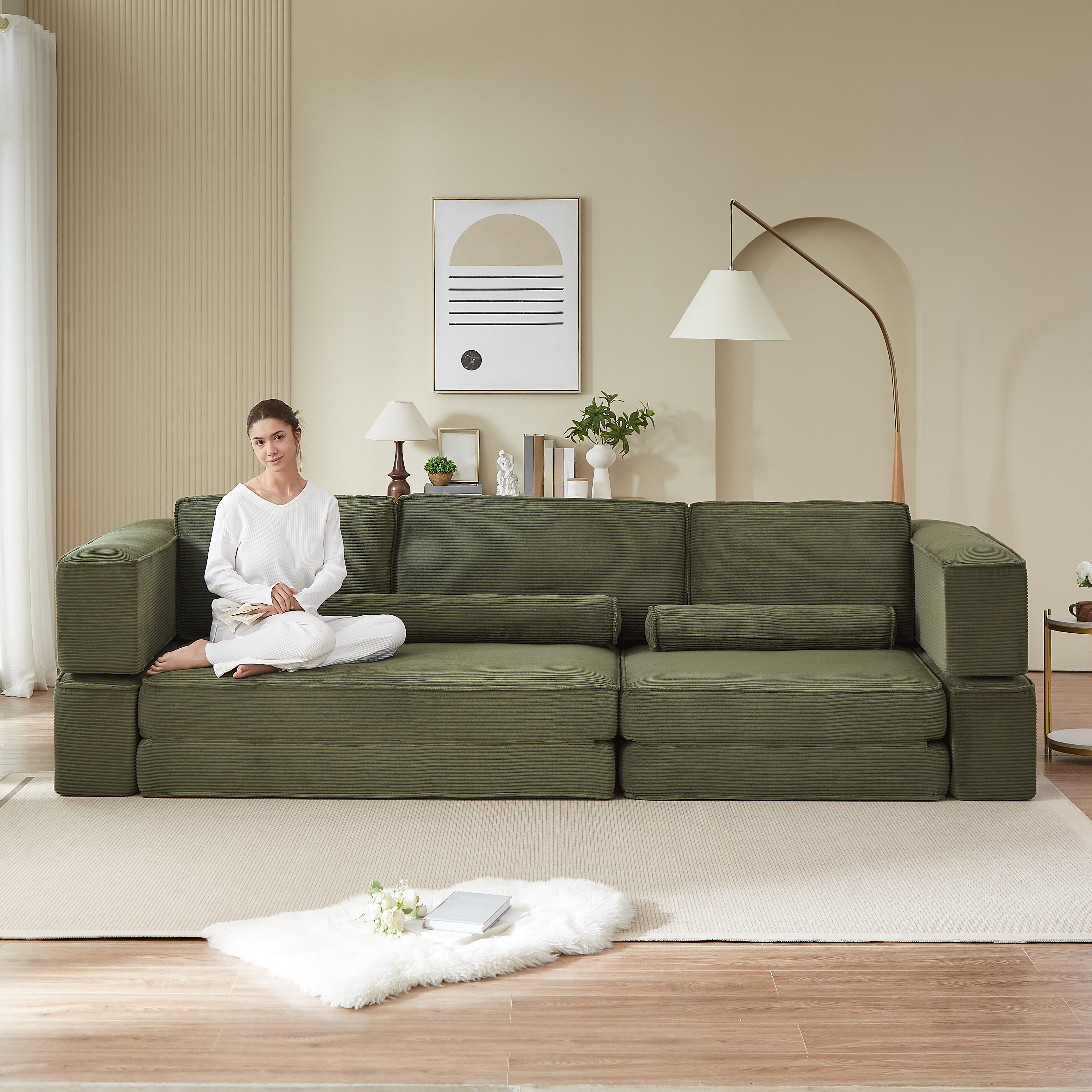 Sofá modular grande de pana moderno, combinable para sala de estar