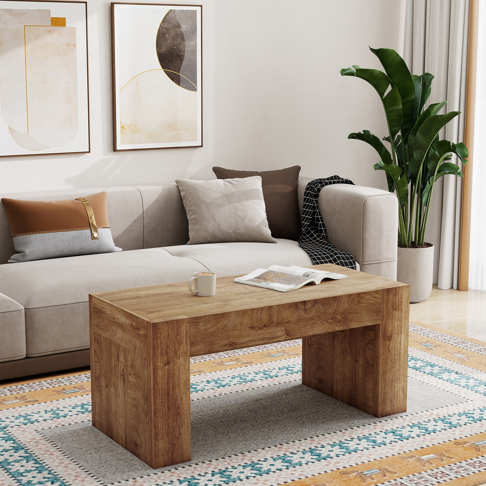 Mesa de centro rústica de 48 pulgadas, rectangular, con cajón oculto, madera natural