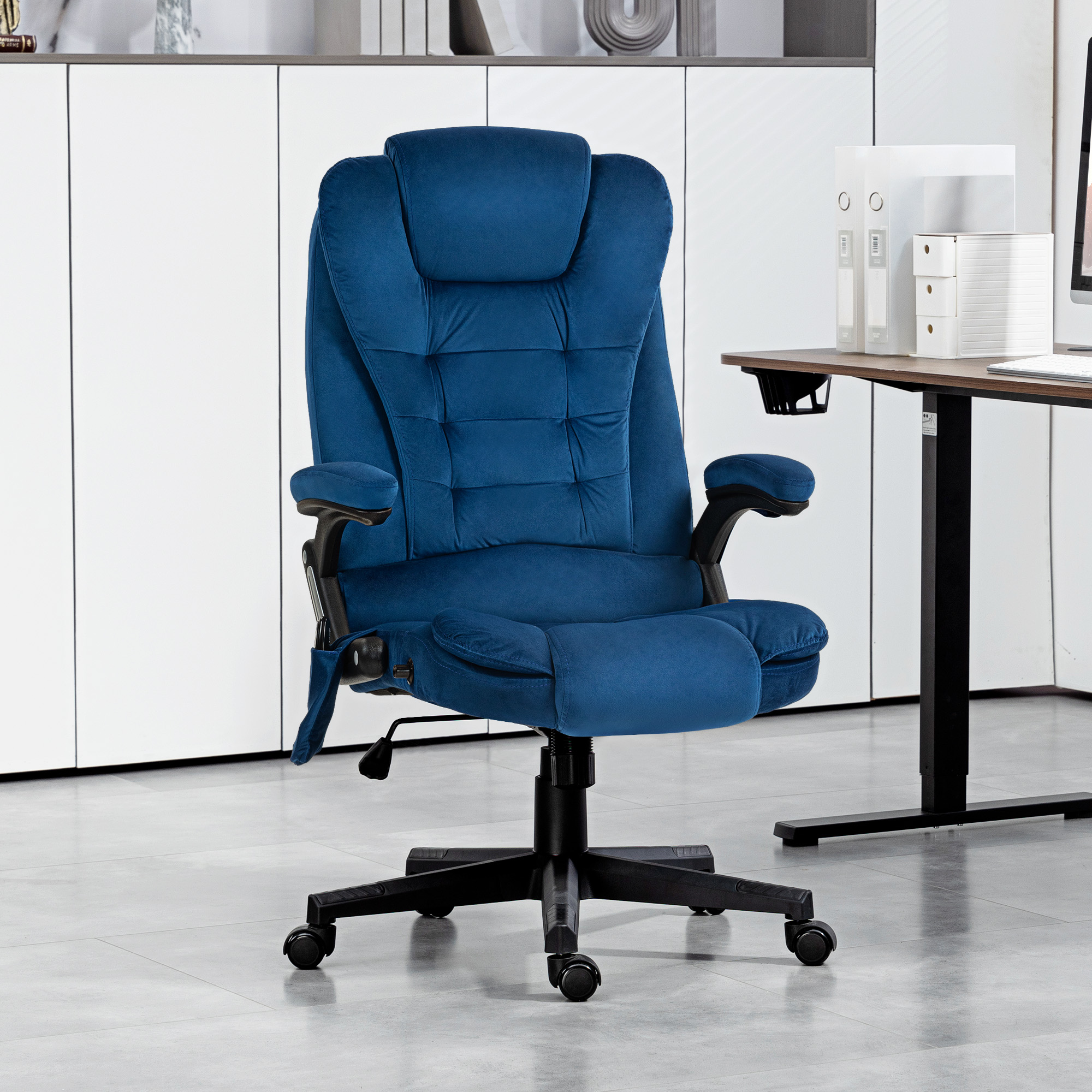 Silla de oficina ejecutiva de terciopelo, respaldo alto, masaje vibratorio, azul oscuro