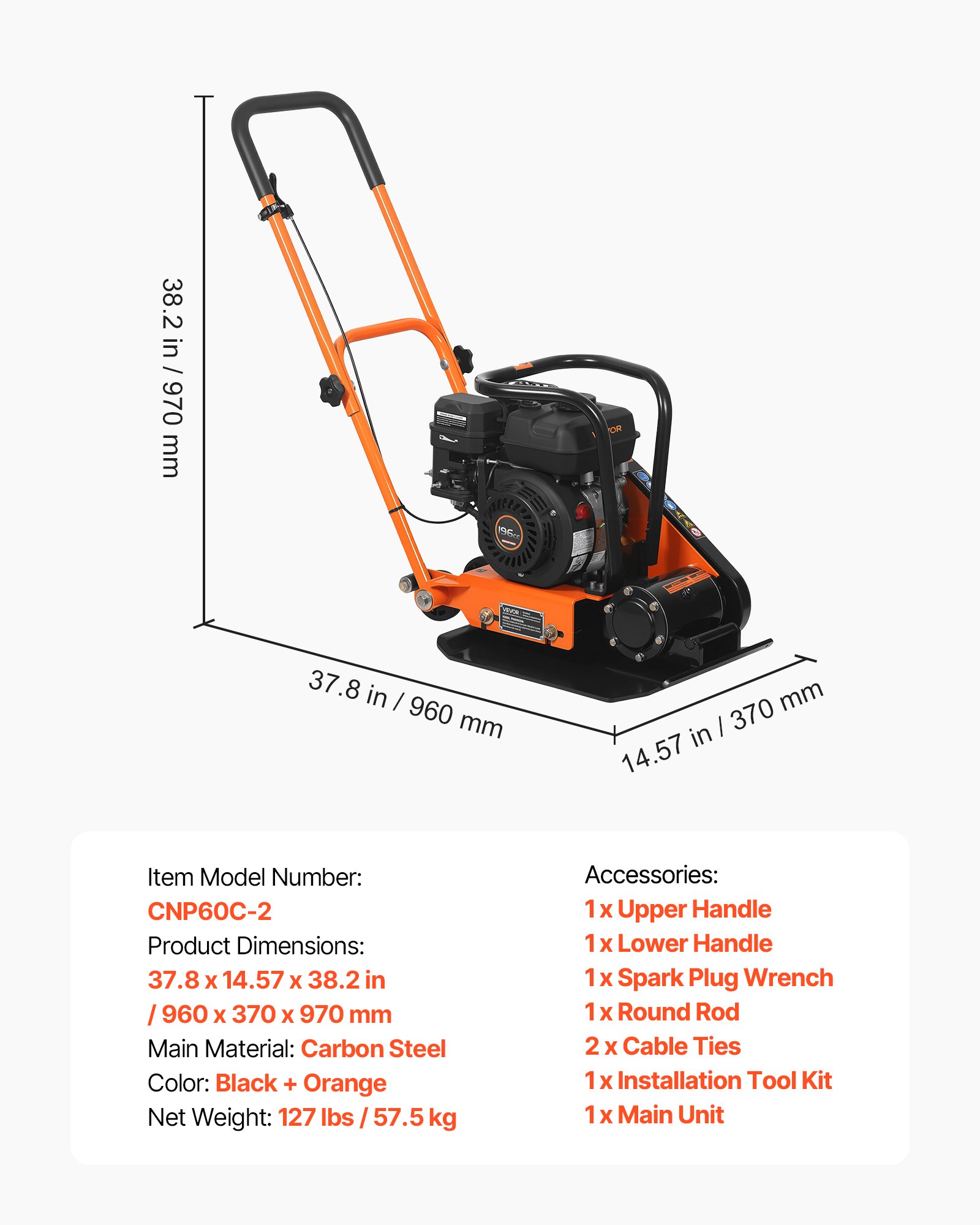 Compactadora de placa con motor de gasolina 6.5 HP, 2360 libras, 20.1 x 15 pulgadas.