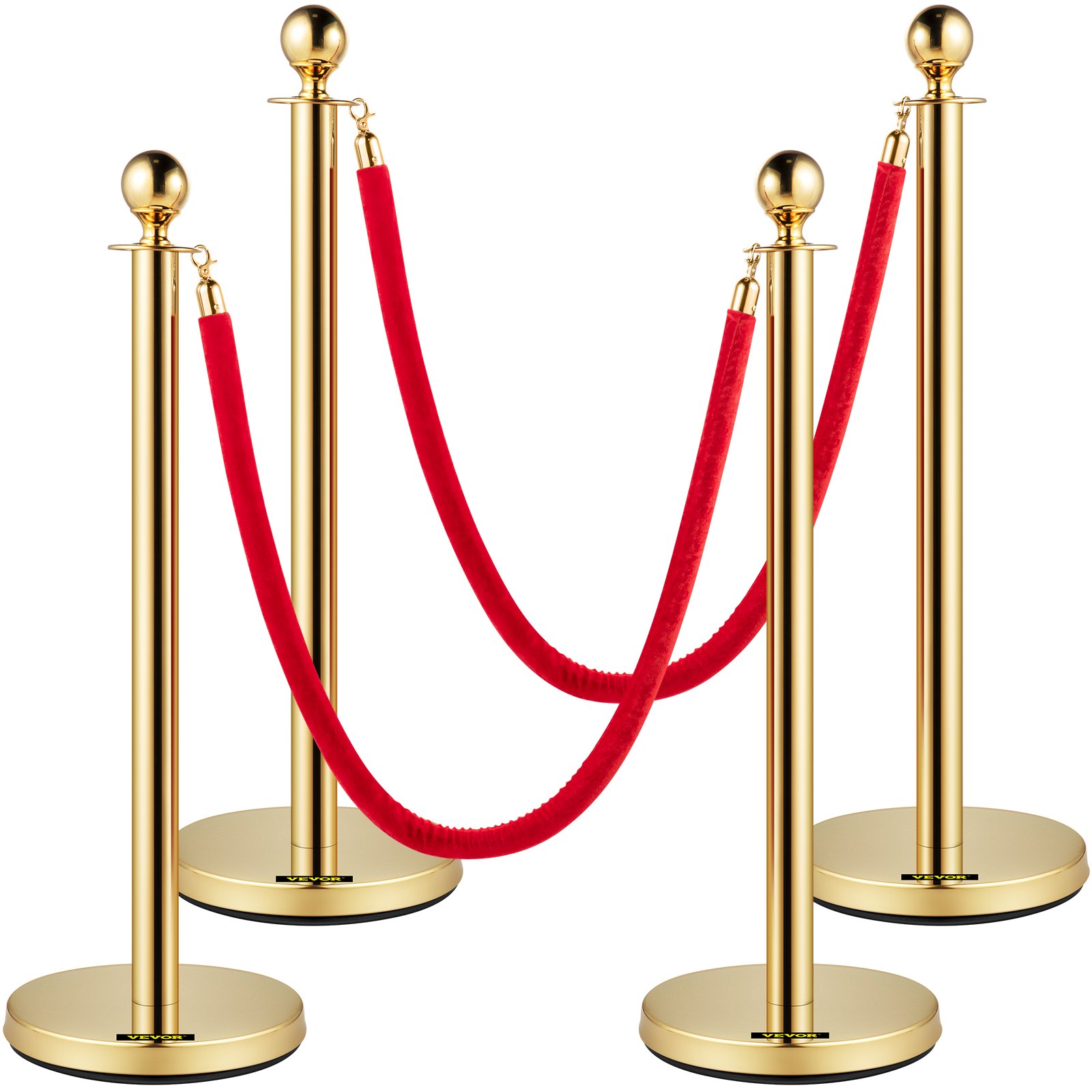 Velvet Ropes And Posts, 5 Ft/1.5 M Red Rope, Stainless Steel Gold Stanchion With Ball Top, Red Crowd Control Barrier Used For Theaters, Party, Wedding, Exhibition, Ticket Offices 4 PackSets