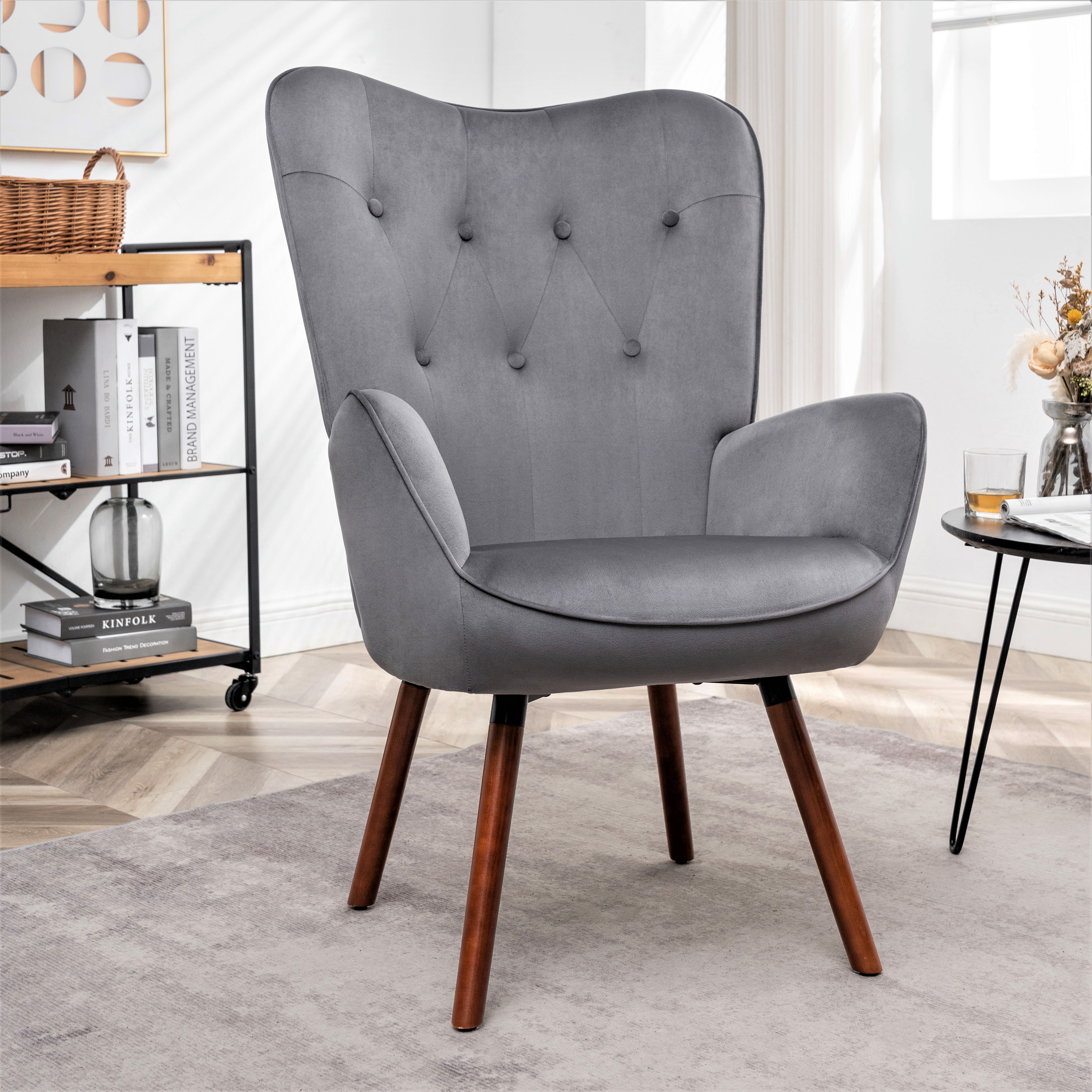 Mid-Century Modern Wingback Accent Chair, Button-Tufted Polyester Fabric Armchair With Solid Wood Splayed Legs For Living Room Bedroom Home Office