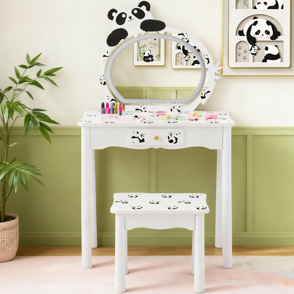 Set de Tocador Infantil Panda con Cajón, Patas de Madera y Luz LED