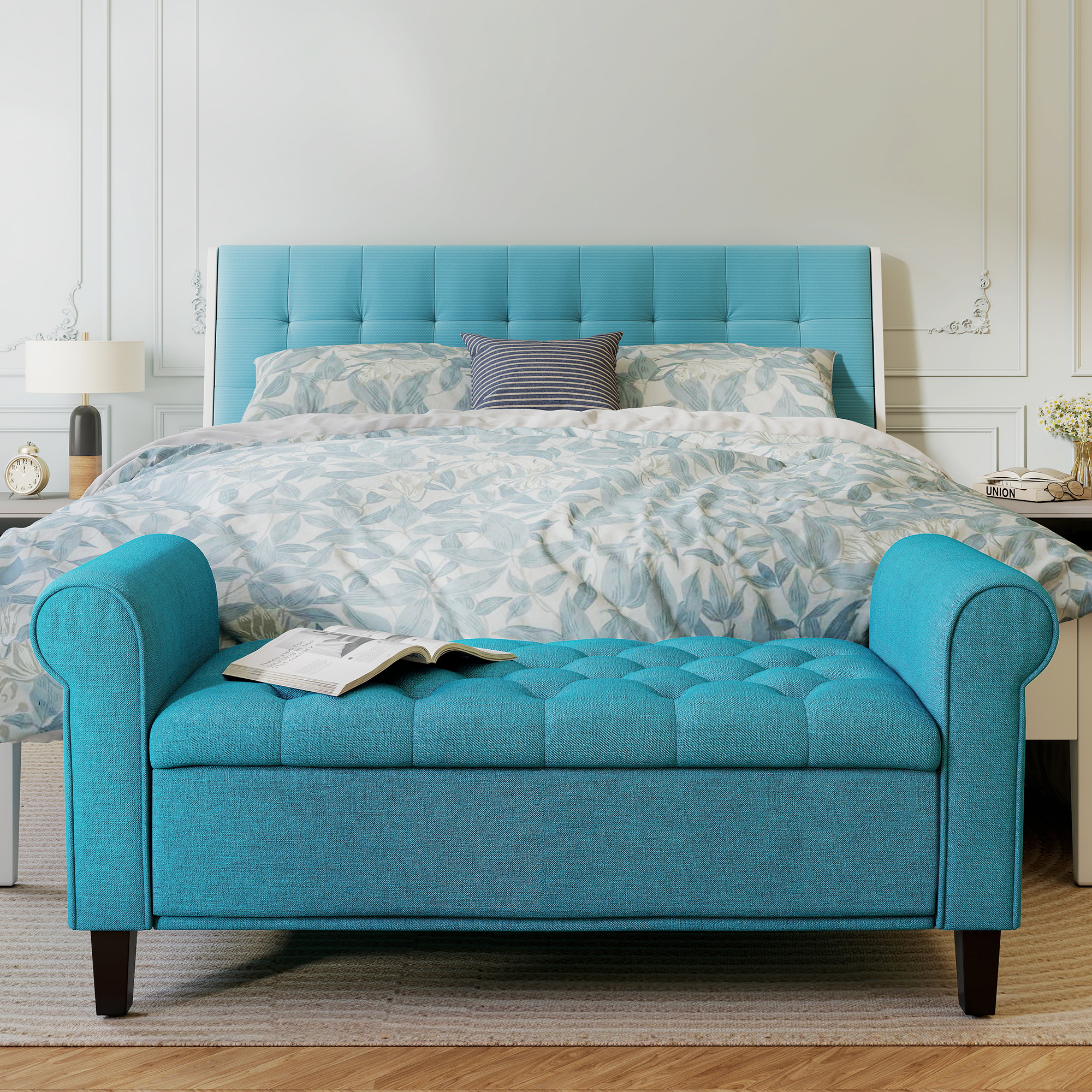 50 Inches Storage Ottoman, End of Bed Bench with Rolled Arms, Wood Legs, Button Tufted Storage Bench, Teal