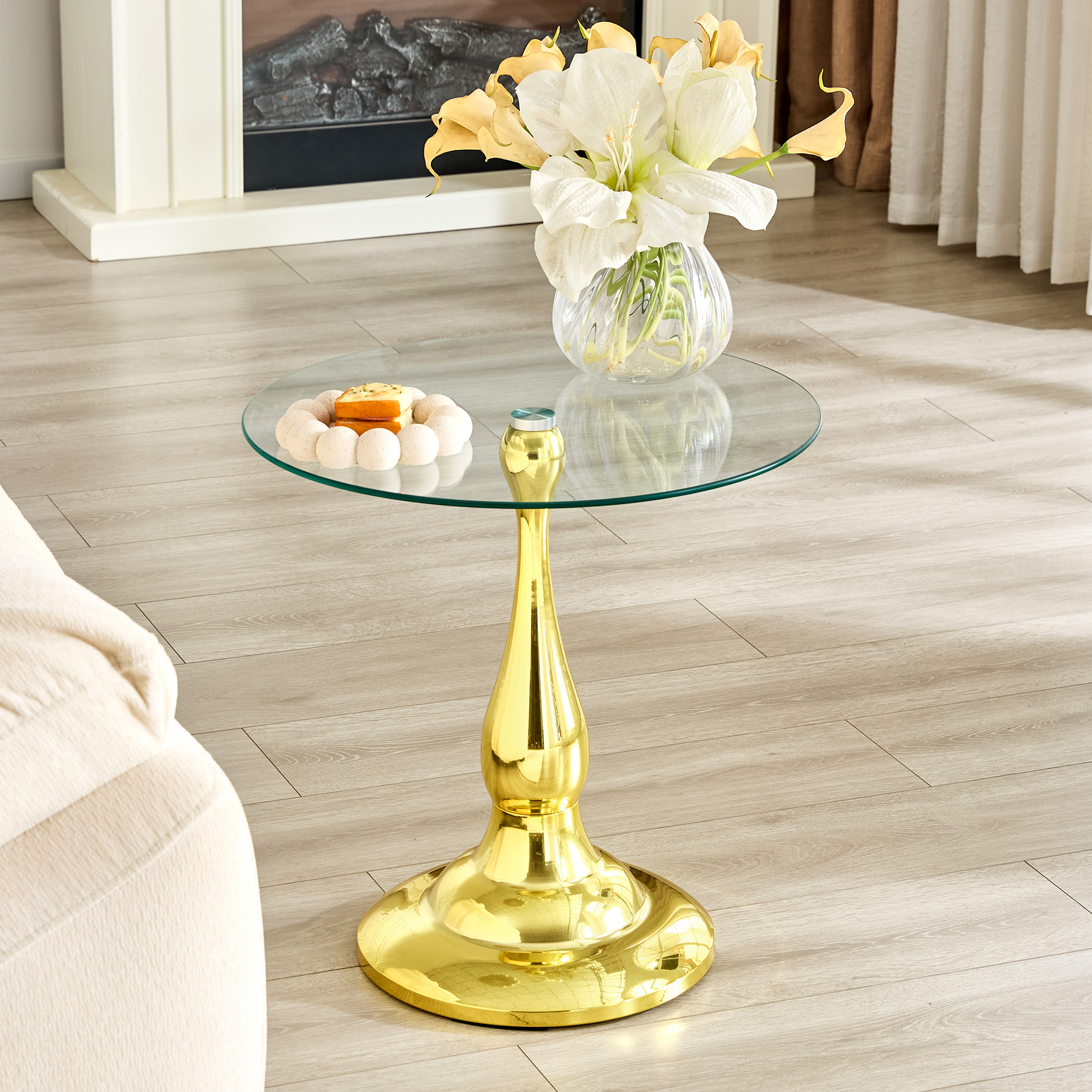 Small Metal Side Table, Modern Round Metal Side Table With A Glass Top Measuring Approximately 19.6 Inches In Diameter. Ideal For Use Next To A Bed Or Sofa, In Living Rooms, Bedrooms, Patios, Etc.
