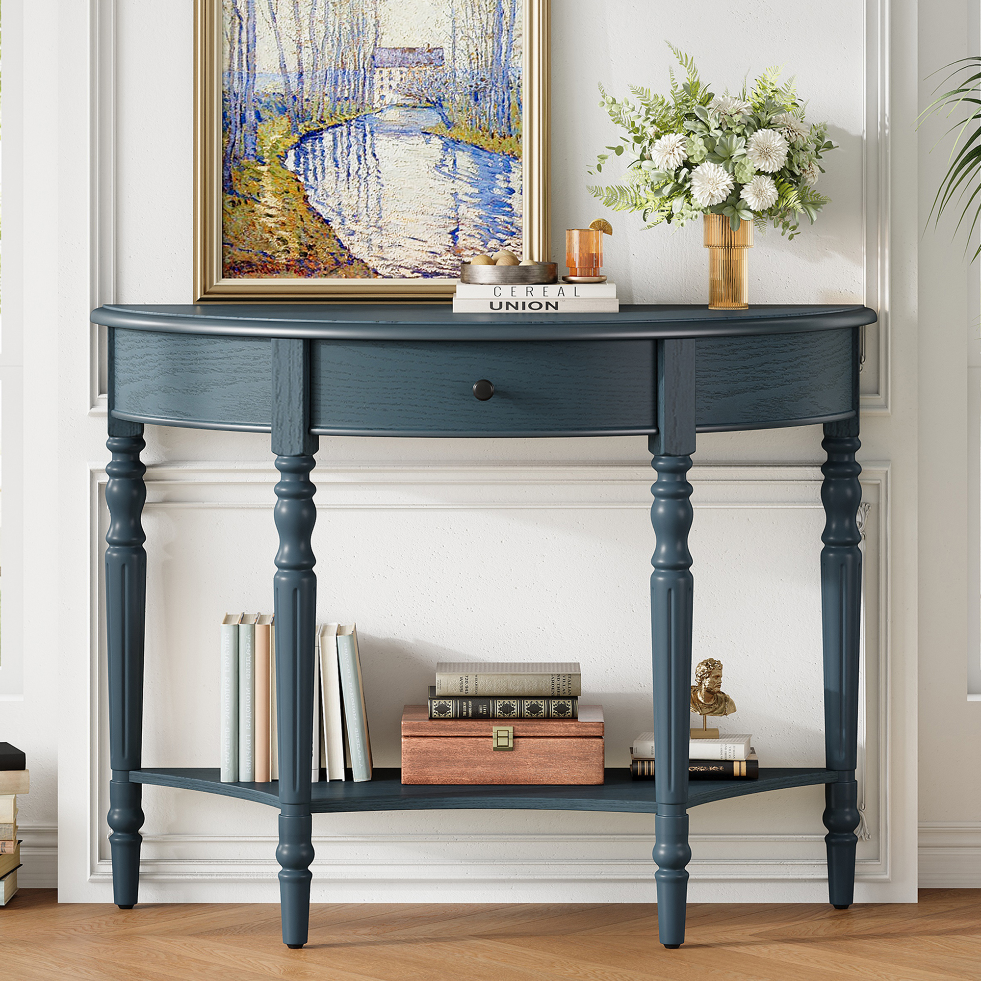 Mesa consola TREXM estilo rústico, media luna, con cajón y estante, azul marino