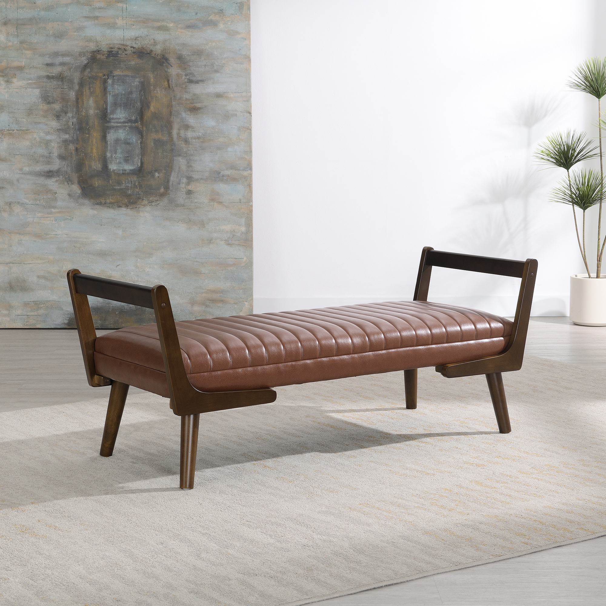 52  Mid Century Bench With Walnut Wood Leg,Channeled Upholstered Footrest Stool For Kitchen, Living Room, Bedroom, Entryway, End Of Bed. PU Cognac, Light Brown