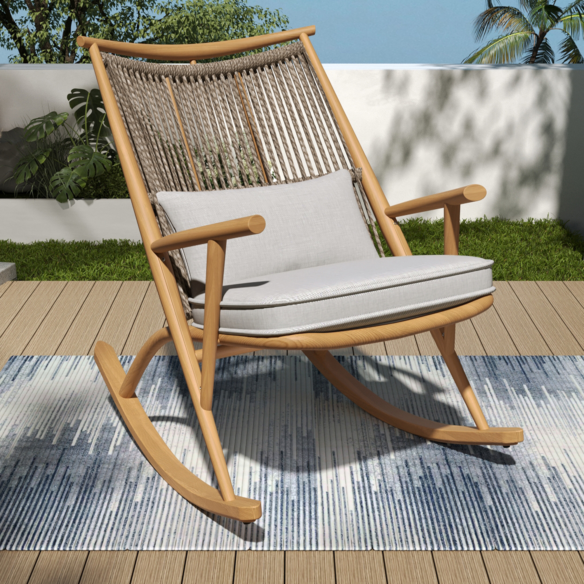 Outdoor Rocking Chair - Sturdy Iron Frame In Maple Finish, Gray PE Rattan Backrest & Light Gray Cushion