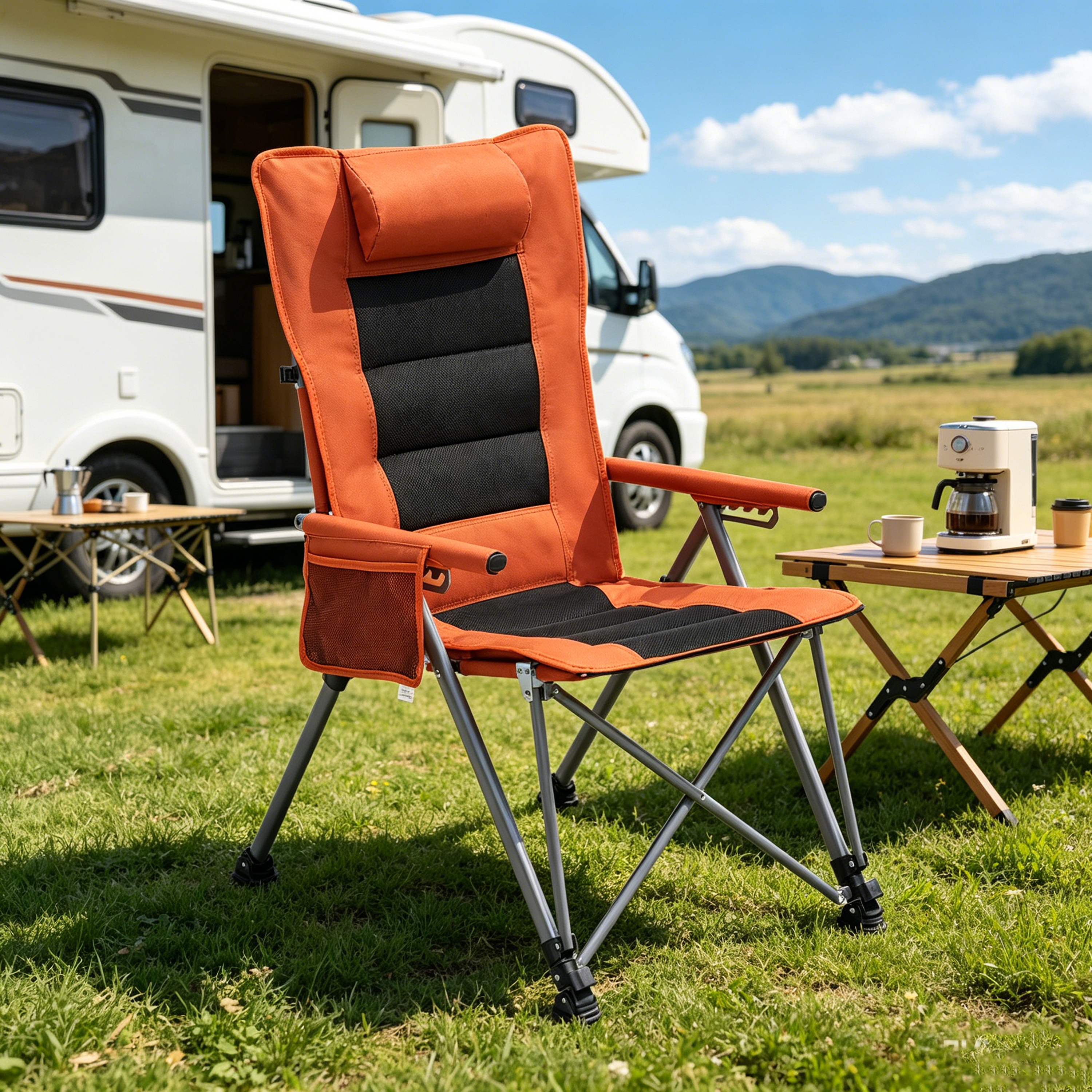 Silla de camping reclinable ajustable de 5 posiciones, con bolsillo y bolsa, naranja.