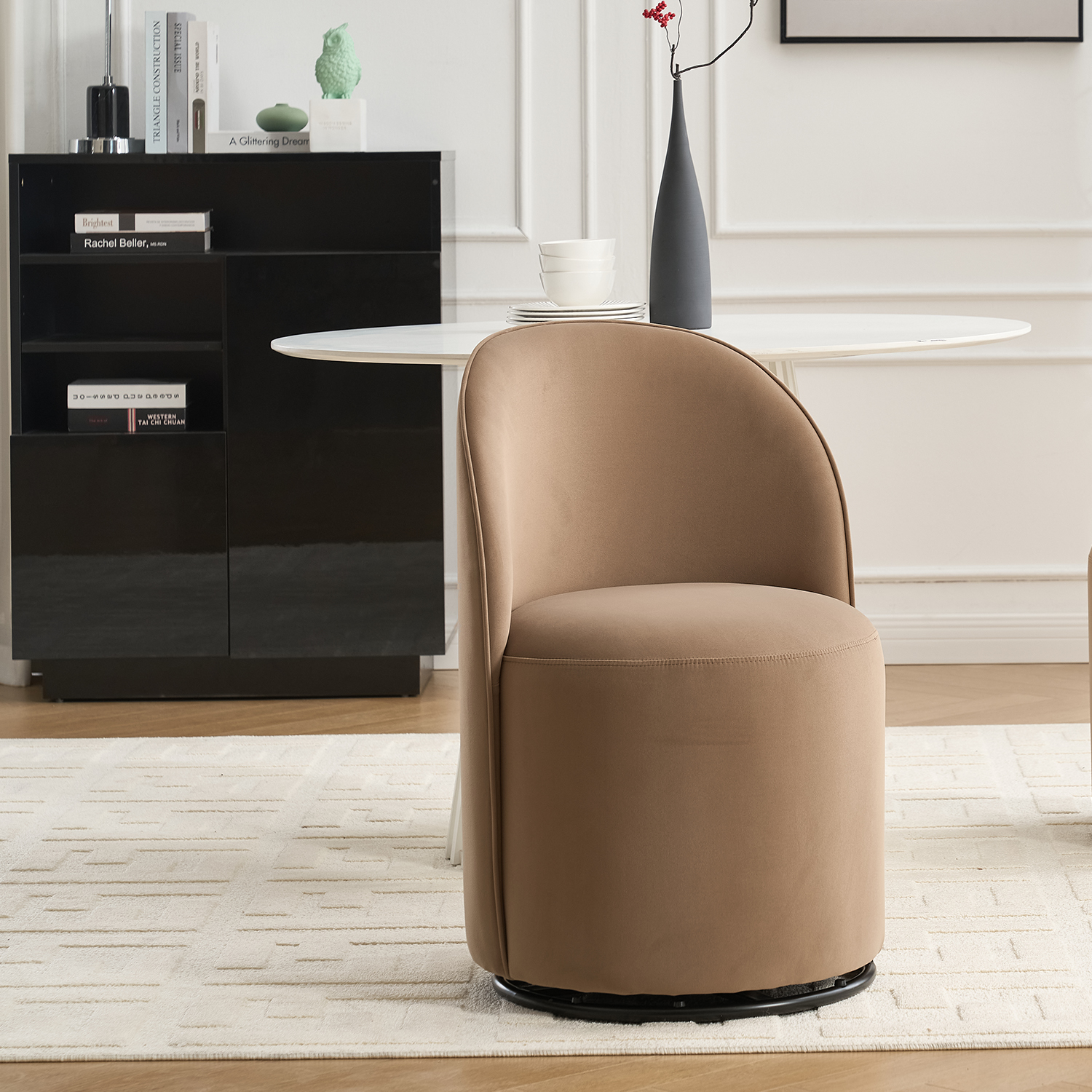 Set Of 1 Upholstered Kitchen & Dining Room Barrel Chair, Mid Century Modern Round Velvet Dining Chair, 360 Degree Swivel Comfy Armless Accent Makeup Vanity Side Chair For Bedroom Living Room