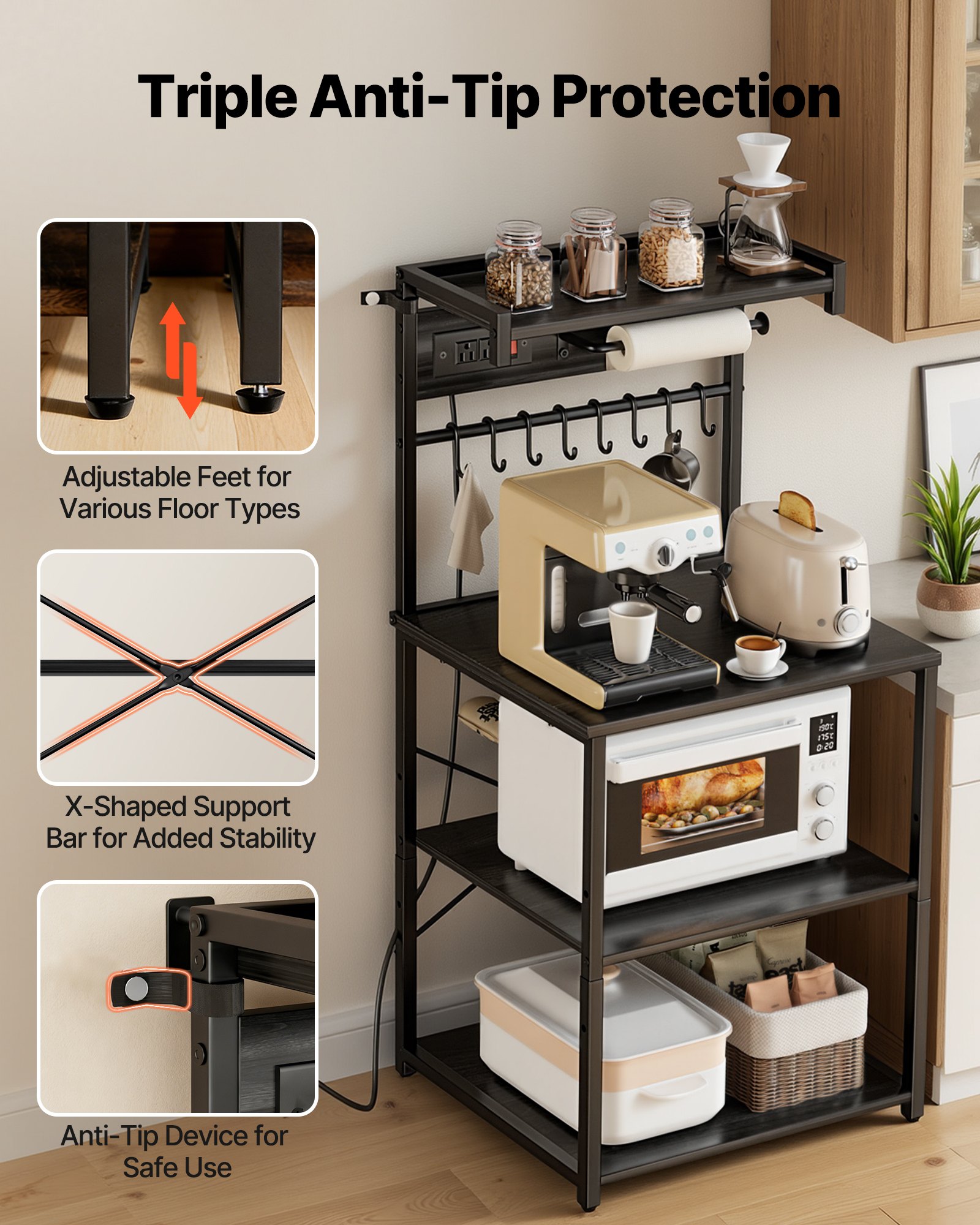 Kitchen Bakers Rack, 4.6ft Power Cable Bakers Rack With Power Outlet, Kitchen Stand With X-Shaped Support Bar, 8 S-Shaped Hooks, Coffee Bar Stand For Dishes, Spice Bottles, Built-In Power Strip