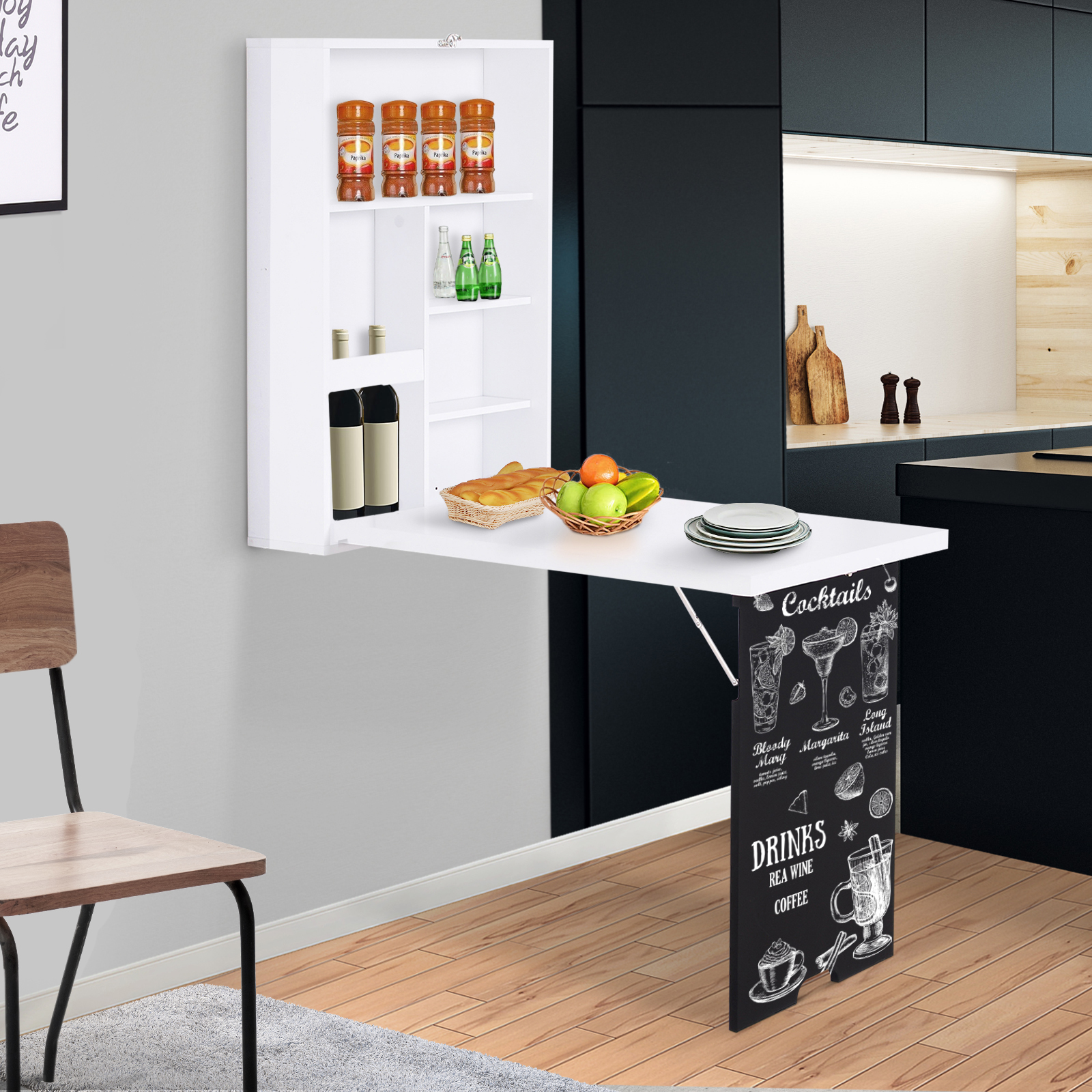 Escritorio plegable de pared con pizarra y estantes, convertible, blanco