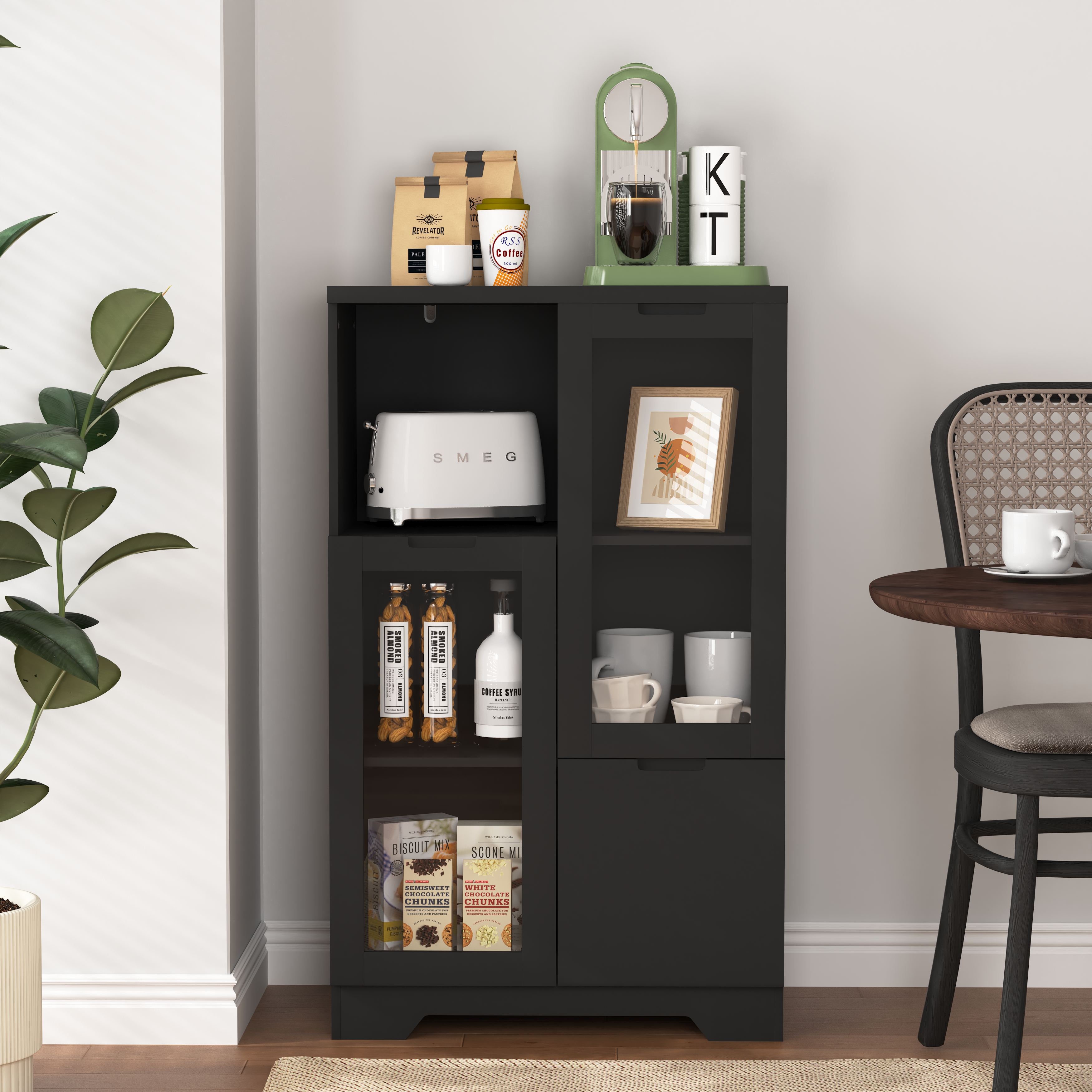 Gabinete de MDF pintado con puertas de vidrio y cajón, espacio abierto, negro.