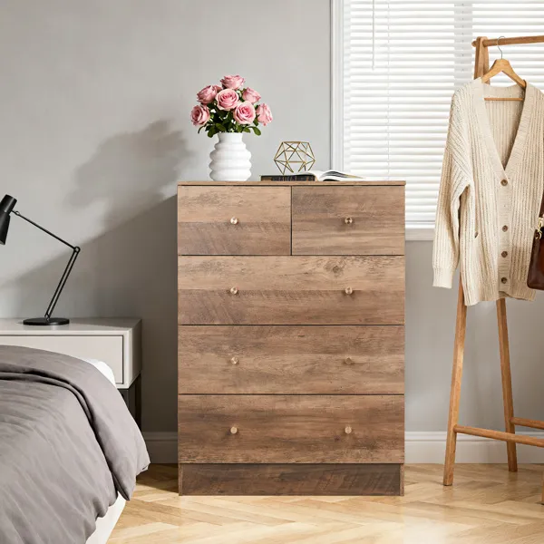 Gray Particleboard With Linen-textured Melamine Finish, 66*40*91cm, 3+2 Drawers, Drawer Cabinet With Matte Gold Handles